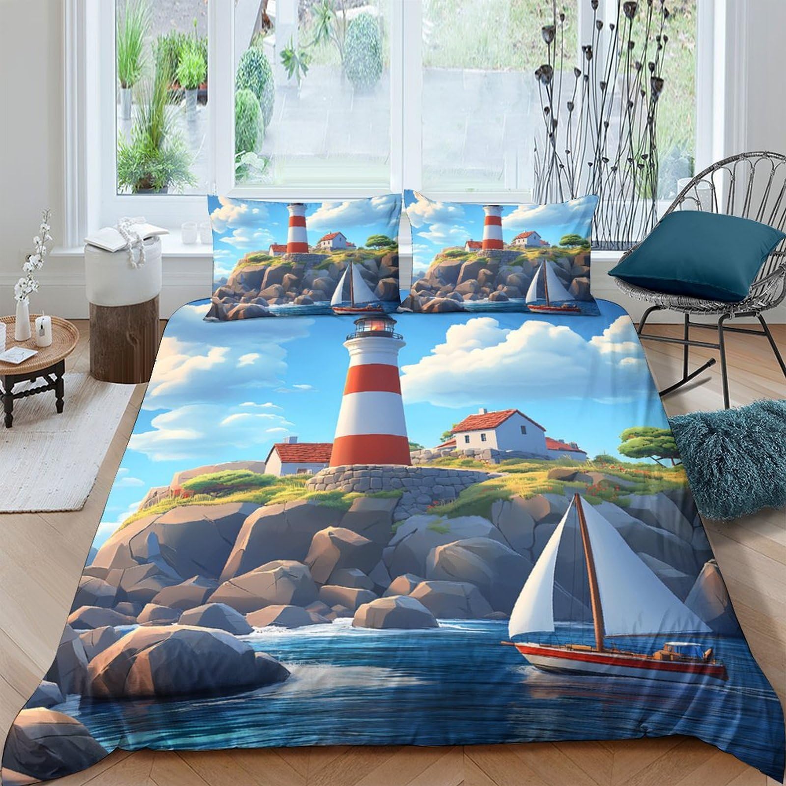 Ctjqhvkz Style-7 3D Printed Lighthouse Coast Fitted Sheet Microfiber Nautical Sailboat Bed Cover For Bedroom Guest Room Decor Single（135X200cm）