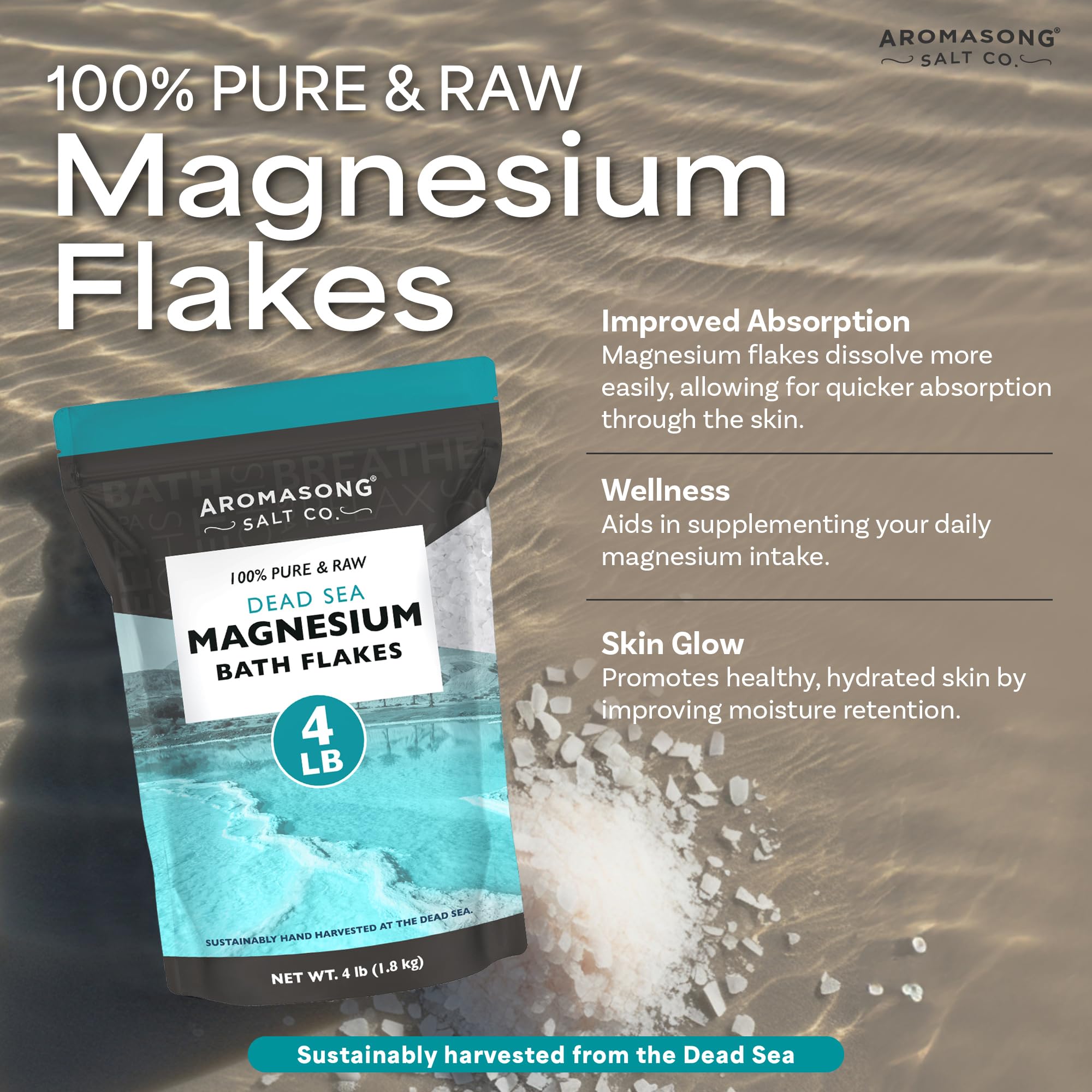 Aromasong Copos de magnesio para baño del Mar Muerto, 1,8 kg, escamas de cloruro de magnesio, sales de baño orgánicas para un baño mineral relajante (el paquete puede