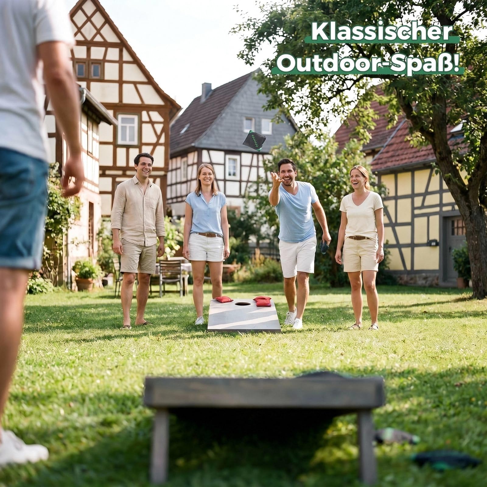 Cornhole Set Outdoor, 90x60cm or 120x60cm Echtholz Wurfspiel – Bean Bag Game mit 10 Säckchen & Tasche – Professionelles Sackloch Spiel für Erwachsene, Kinder, Garten, Strand