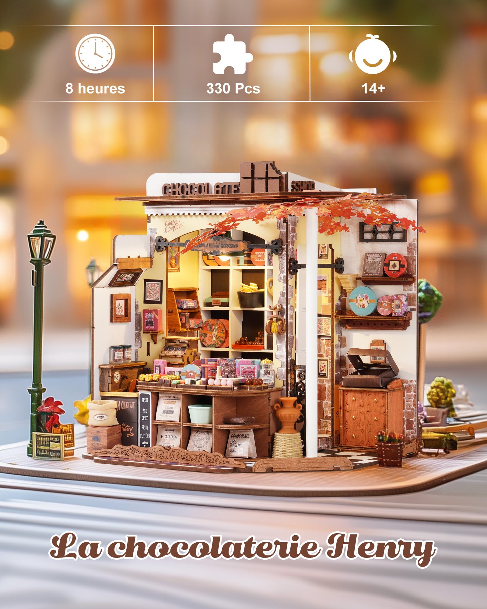 Rolife Maison Miniature La chocolaterie Henry's, 330 pièces Maquette 3D Puzzle Maison de Poupée en Bois 3D à Construire Book Nook pour Adultes et Adolescents Pas de Colle nécessaire