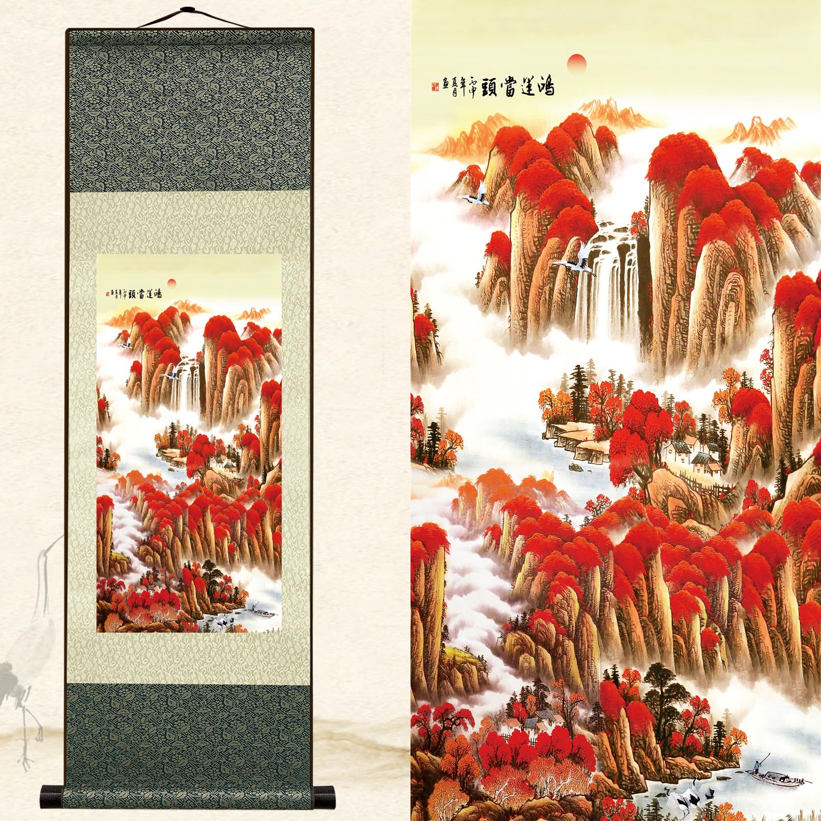 Newscz Hj-A004 Asian Wall Art For Hallway And Stairs - Silk Scroll Landscape Paintings - Aesthetic Bedroom Tapestries - Wall Paintings For Living Room - Home And Kitchen Decor - 36 By 12 In