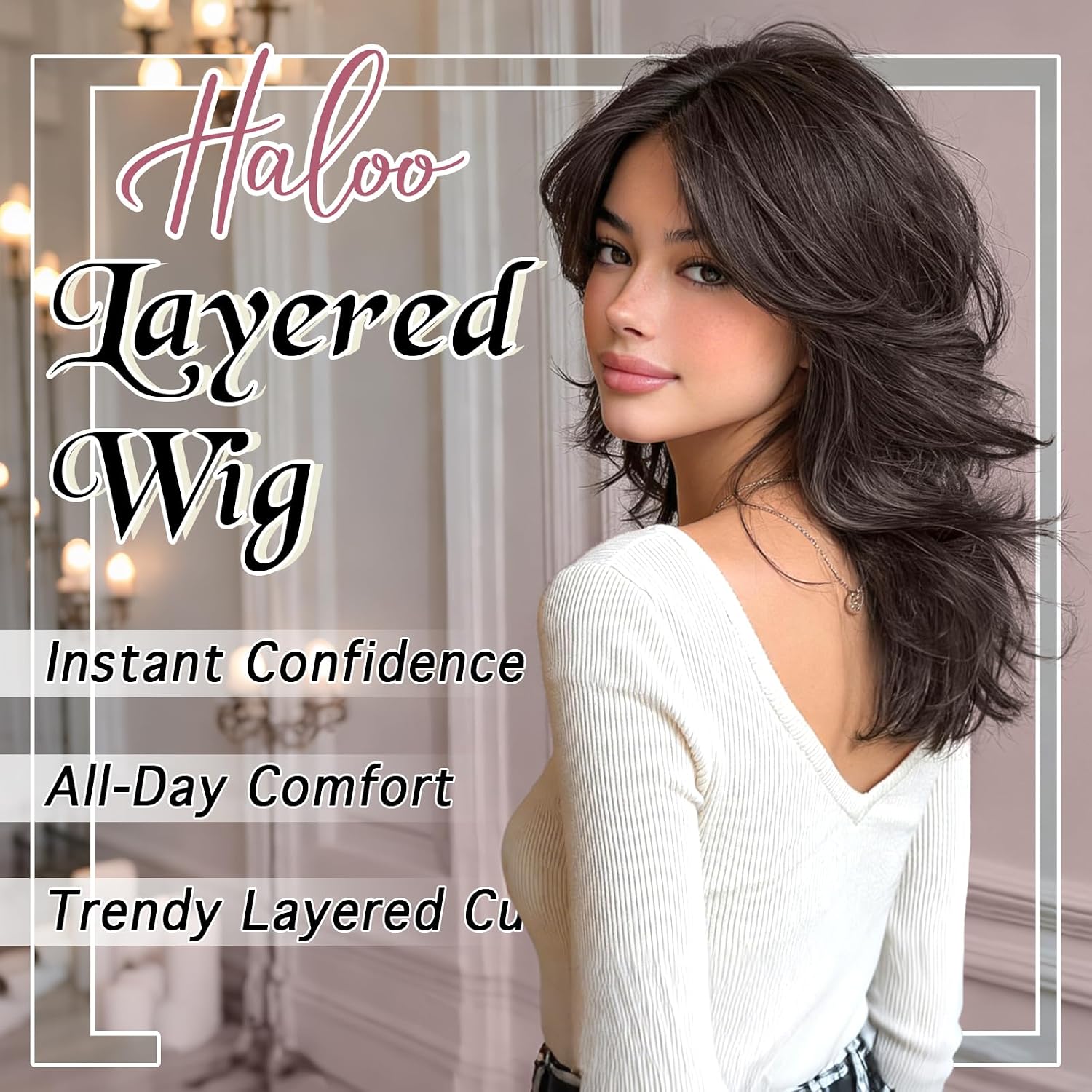 Haloo Brown Layered Wigs with Curtain Bangs Lace Front Hairline Long Wavy Natural Looking Middle Part Synthetic Hair Wig for Women Daily Party Costume, 20 Inch Dark Brown