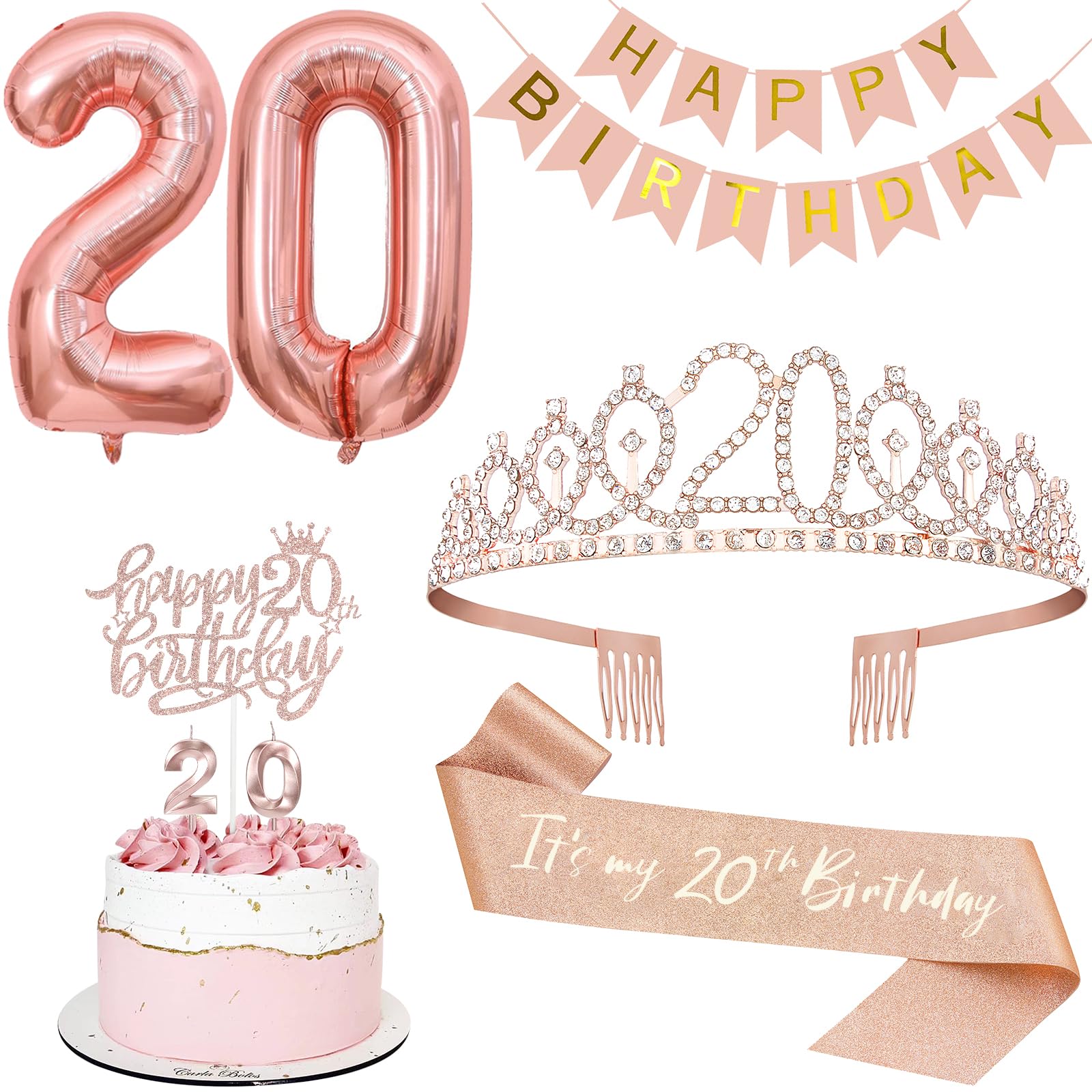 Photo 1 of 20th Birthday Decorations for Women, Including 20th Tiara and Sash, Happy Birthday Banner, Cake Toppers, Number Candles and Balloons Set, Rose Gold