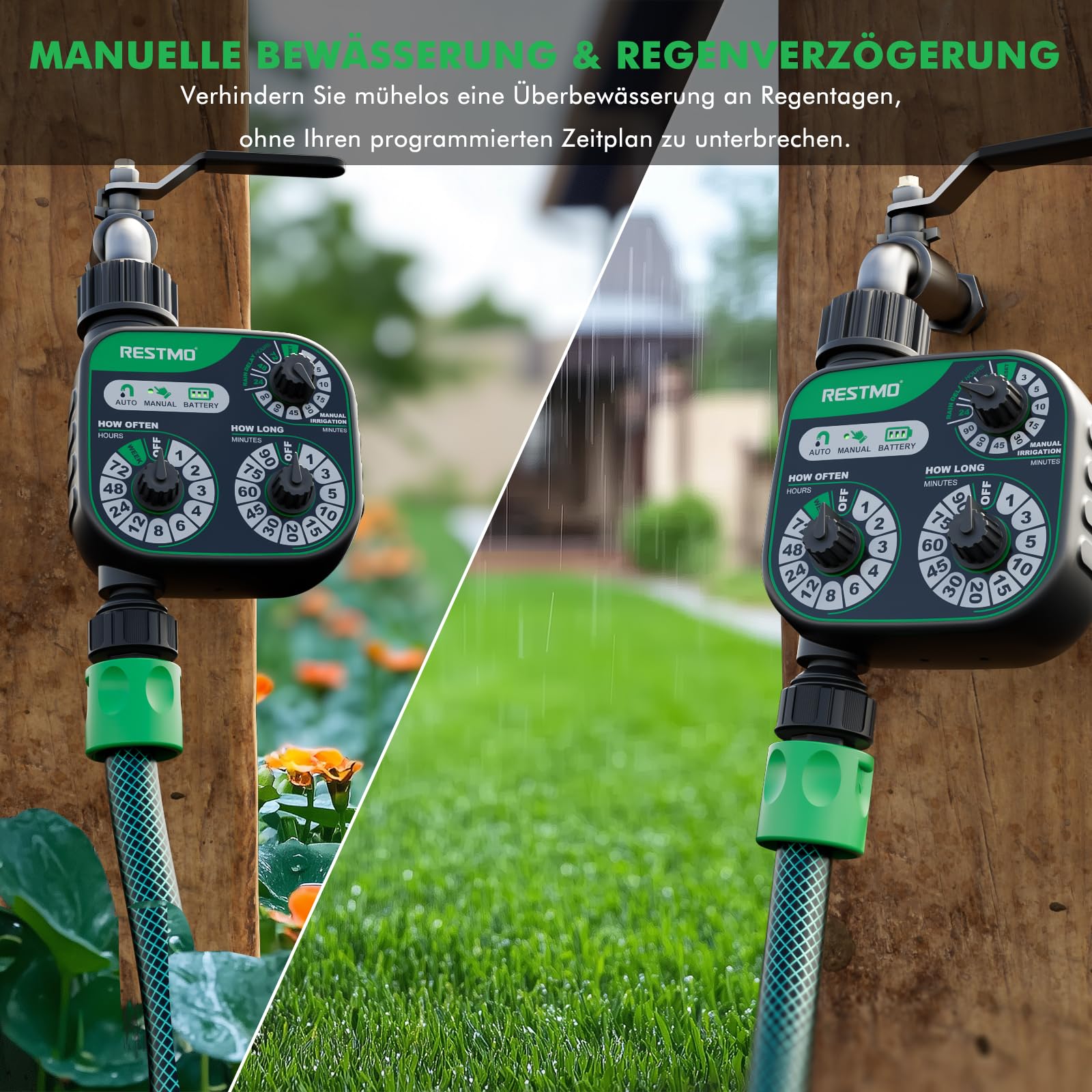 RESTMO Wasserzeitschaltuhr, Zeitschaltuhr mit 3 Zifferblättern, Muti-Funktions Bewässerungssteuerung, 3 Bewässerungsmodi, perfekt für Gartenschlauch, Außenwasserhahn, Rasen-Bewässerungssystem, Schwarz