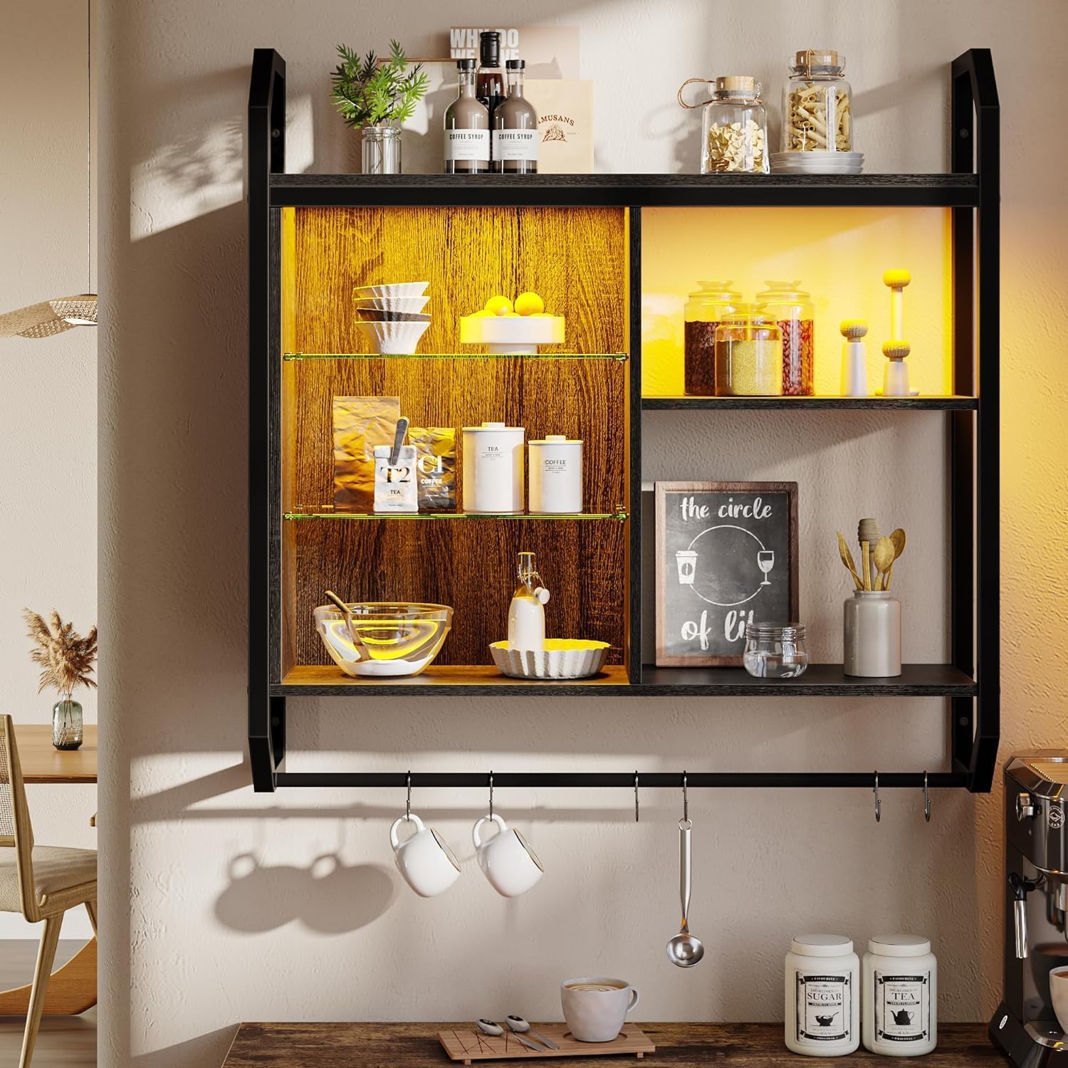 Gaming Estantes Flotantes,84CM LED Estante Montado en la Pared con Estante de Vidrio Ajustable,Estantes de Tubo Colgando Estante de Exhibición de Libros con 6 Gancho en forma de S,Juegos Vino Café Bar