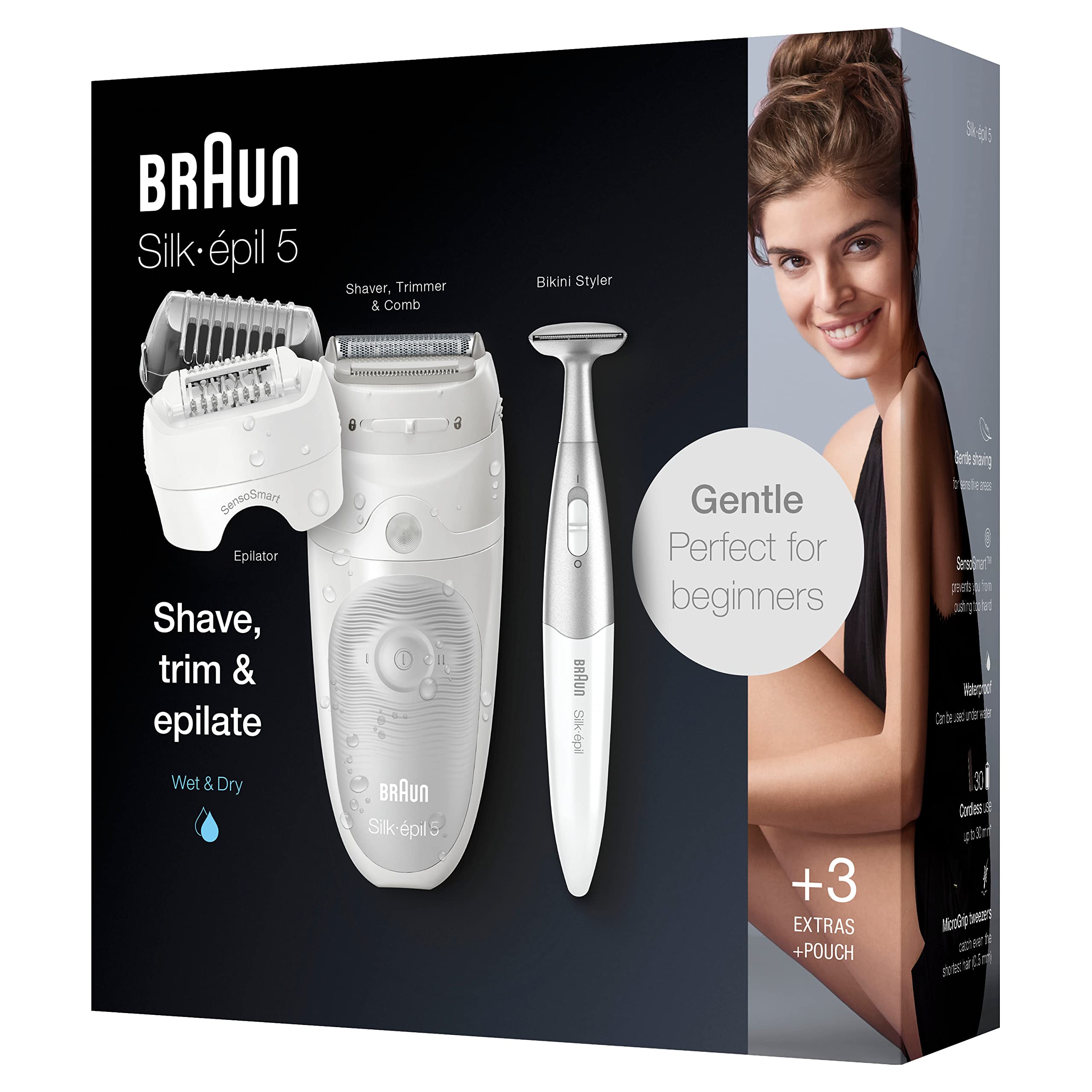 Braun Silk-épil 5 Epilierer Damen für Haarentfernung / Haarentferner, inkl. Bikinitrimmer (Haartrimmer Intimbereich), schwenkbarer Kopf, 5-805, weiß/grau
