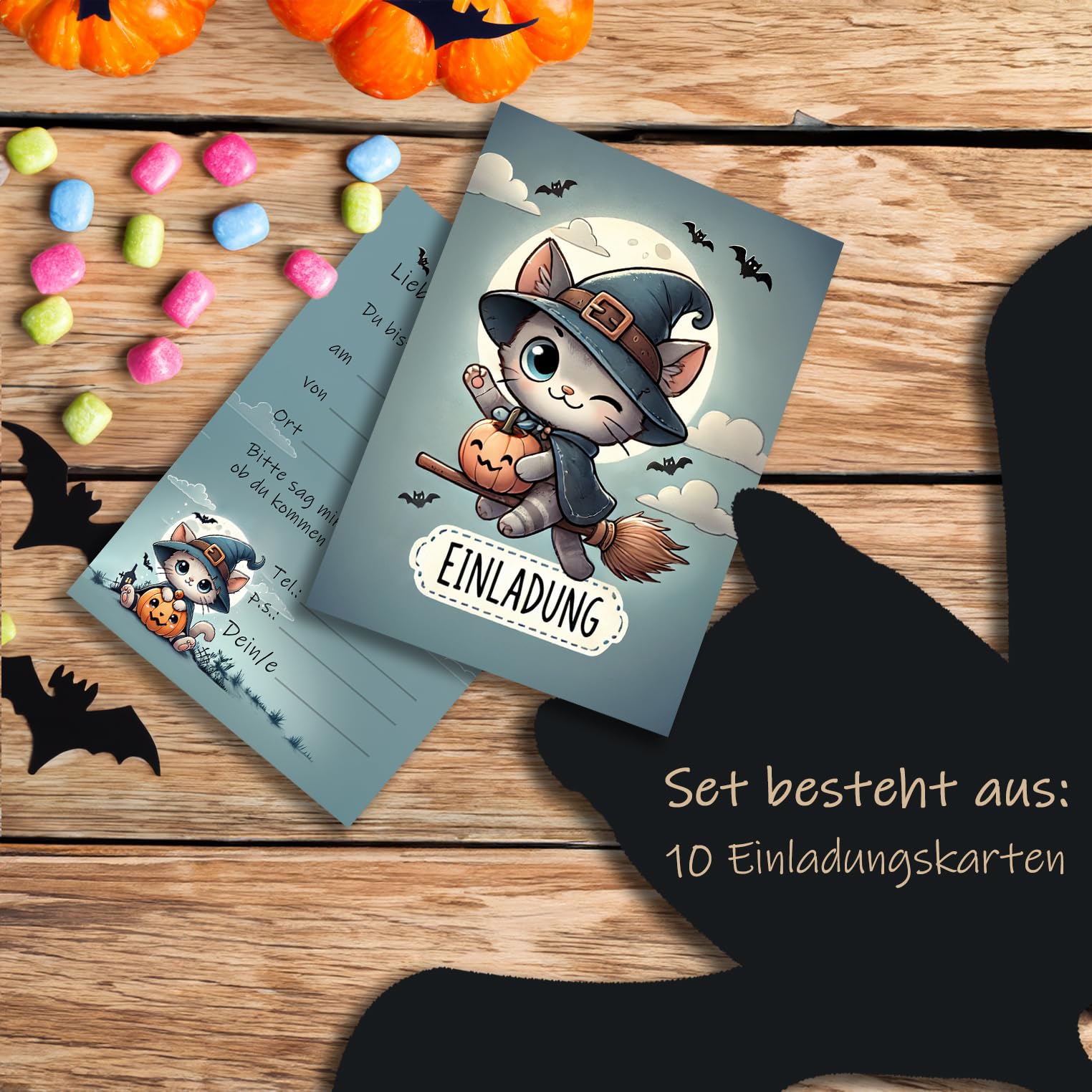 10 Halloween Cards Invitation Cards Magical Witch Cat Invitation Card Cat for Boys Girls Children Party Motif Halloween Party Scary Party Cute Cats Witch Set - Image 3