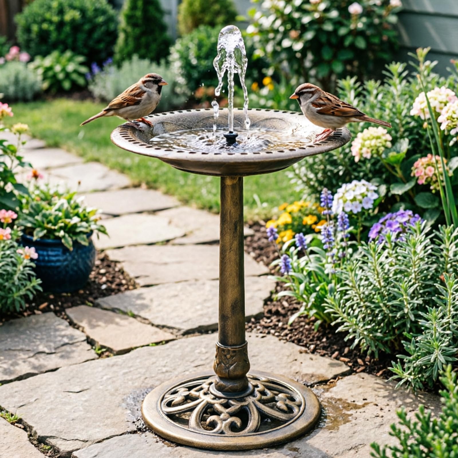 GYMAX Vogeltränke stehend, 2-in-1 Vogelbecken mit Solar-Springbrunnen, Vogelbad Garten mit Blumenkübel & befüllbarem Ständer, Vogelfutterstelle, Futterstation für Balkon & Garten