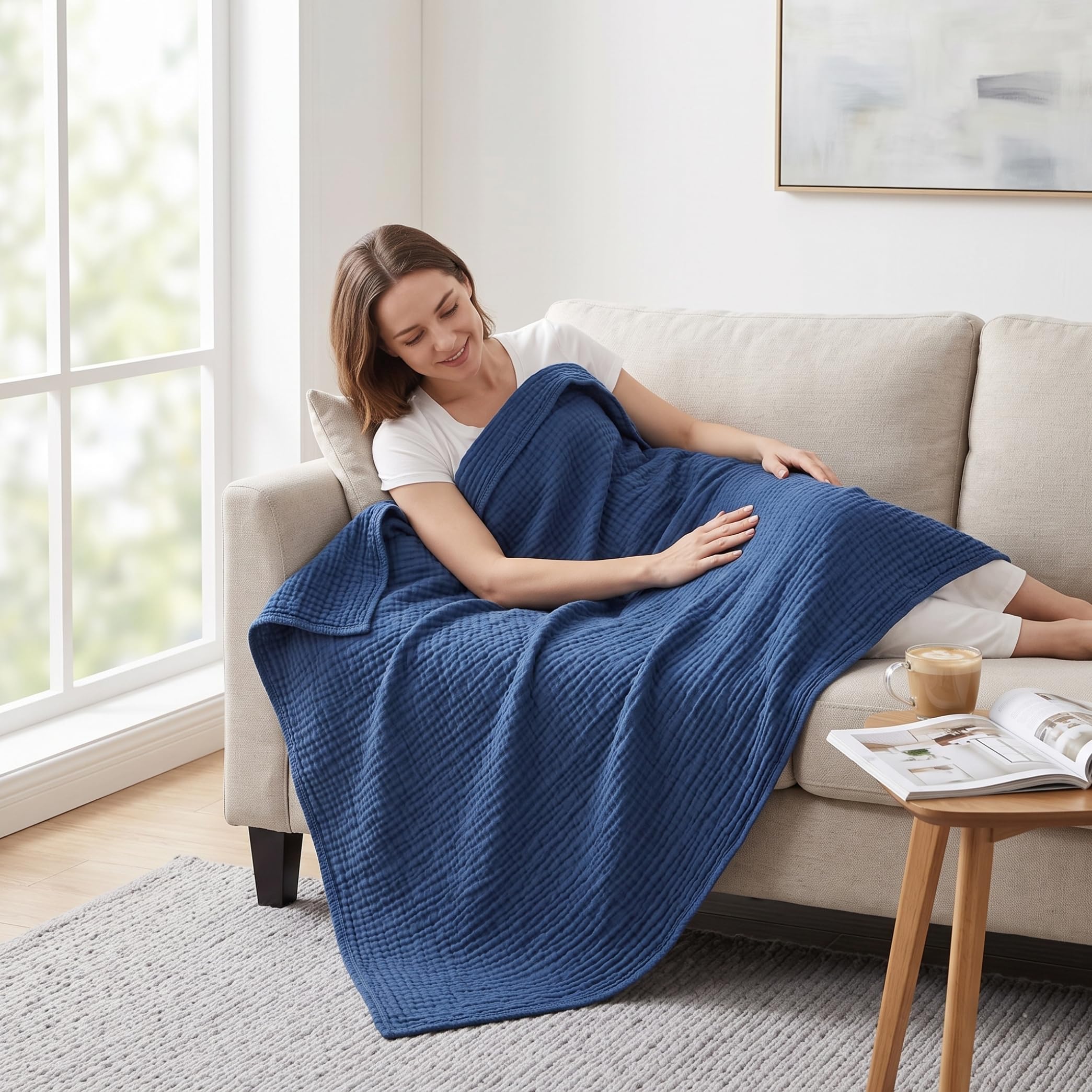 Coperta in cotone, morbida coperta in mussola, blu scuro | Cotone delicato sulla pelle, leggero per chi ha il caldo, garza ultra morbida e traspirante