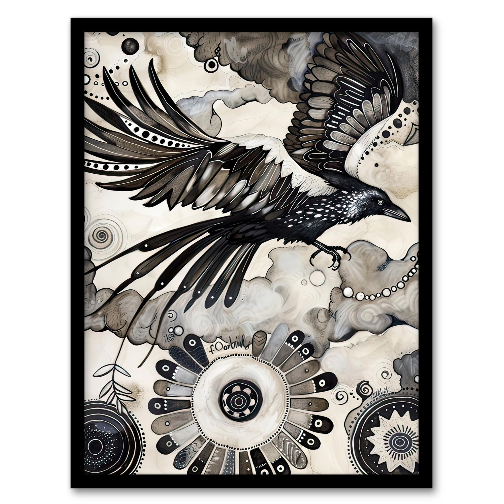 Artery8 Flying Black Raven Painting Magic Mandala Dark Living Room Artwork Framed Wall Art Print 18X24 Inch