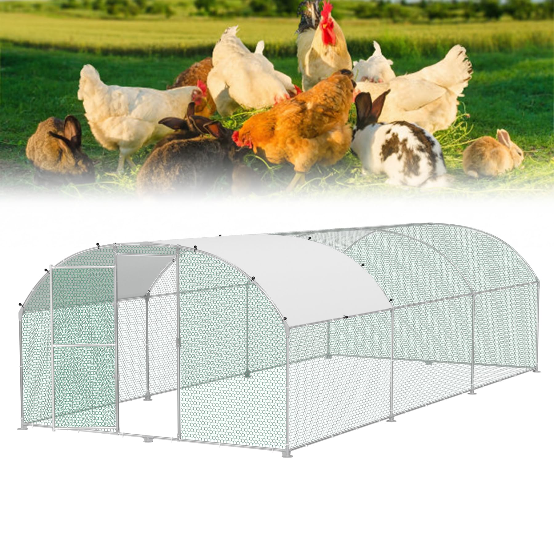 Froadp Pollaio 3 x 6 m gabbia per polli in metallo zincato Recinzione libera con protezione solare tetto e porta chiudibile a chiave, gabbie per pollo, pollame, conigli