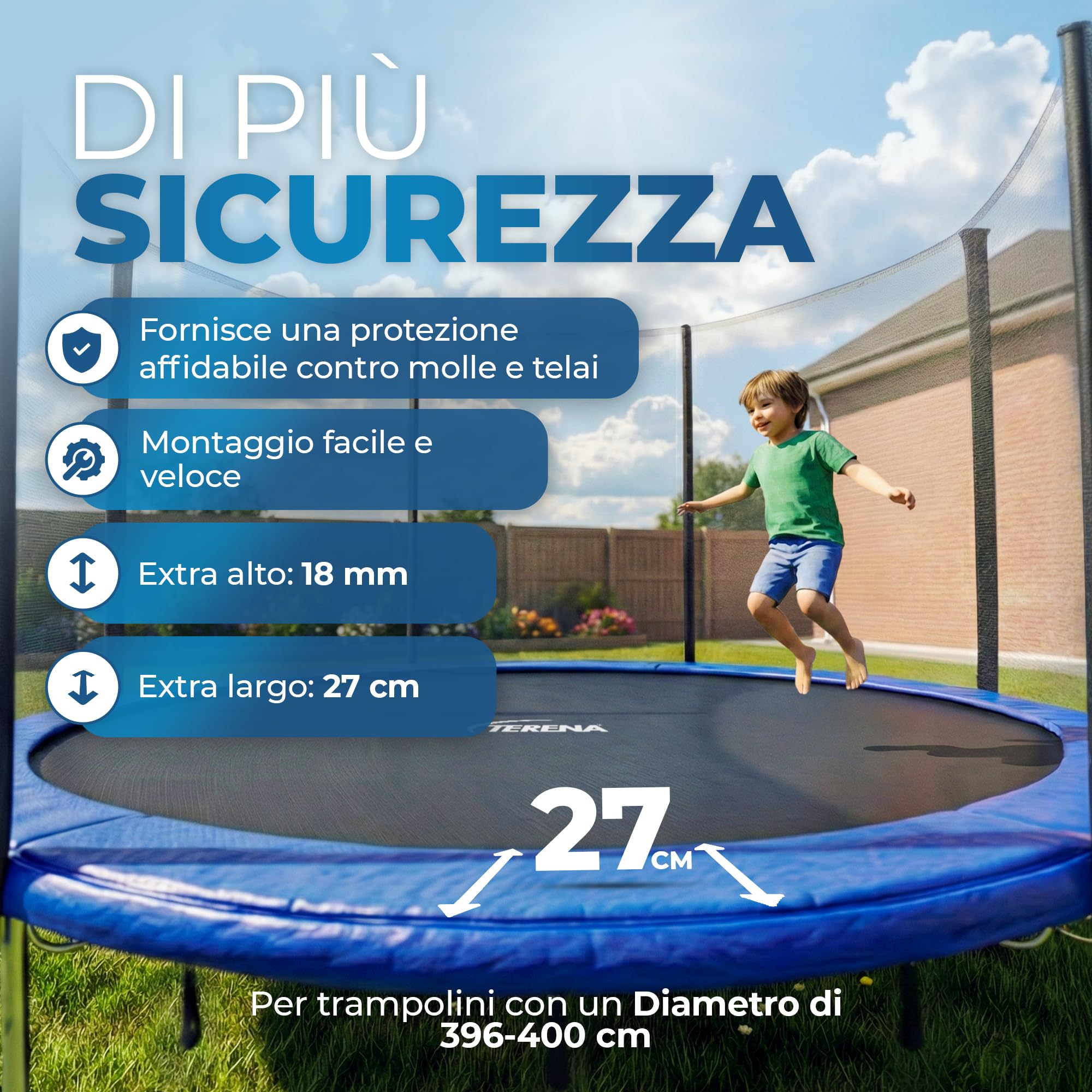 Copertura per bordo del tappeto elastico, di alta qualità, imbottitura extra spessa, resistente ai raggi UV, accessorio per trampolino, diametro 244, 305, 366, 396, 427 cm