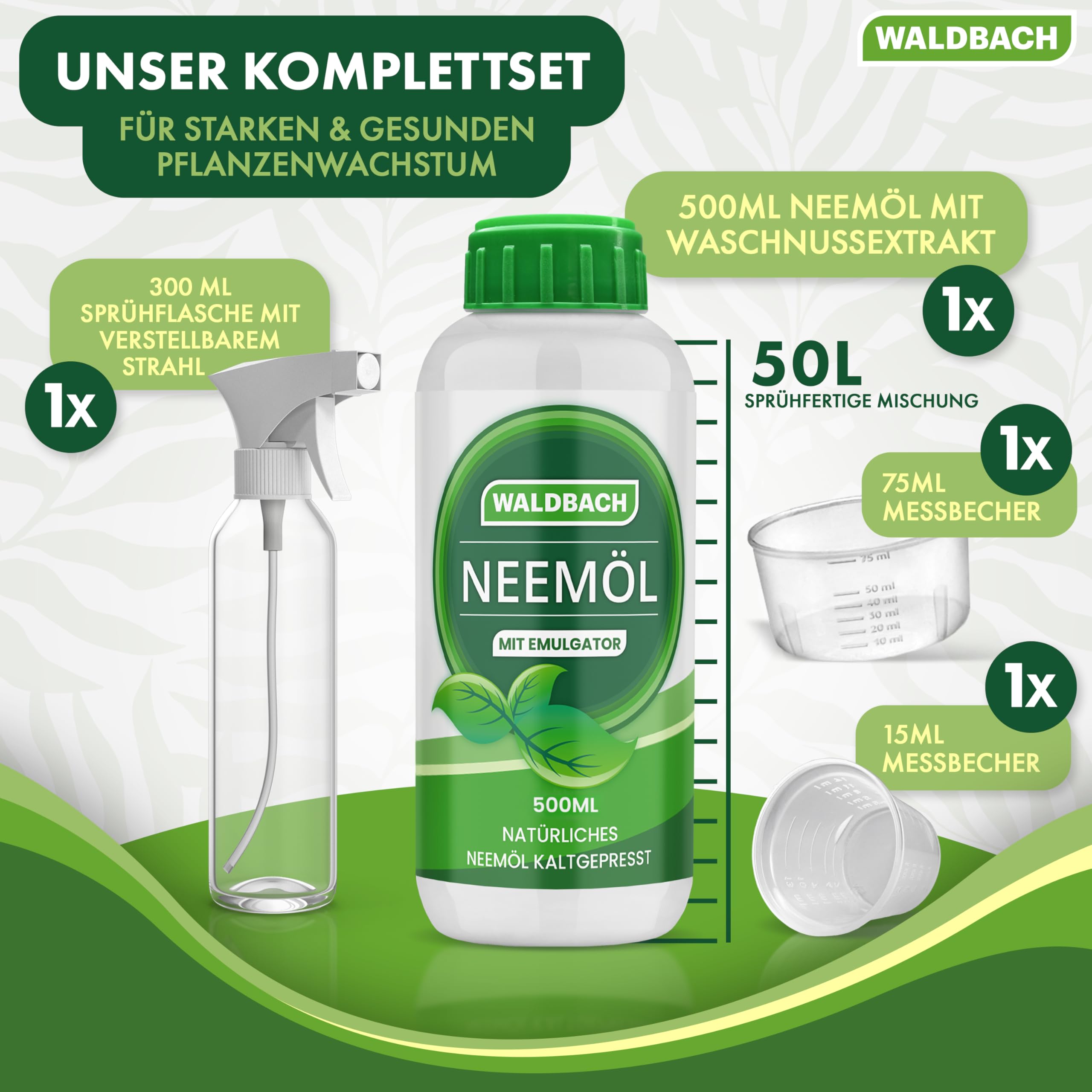 Huile de neem avec émulsifiant [500 ml] – Huile de neem naturelle pour plantes avec flacon pulvérisateur et verre doseur – 50 litres de mélange prêt à pulvériser – Entretien efficace des