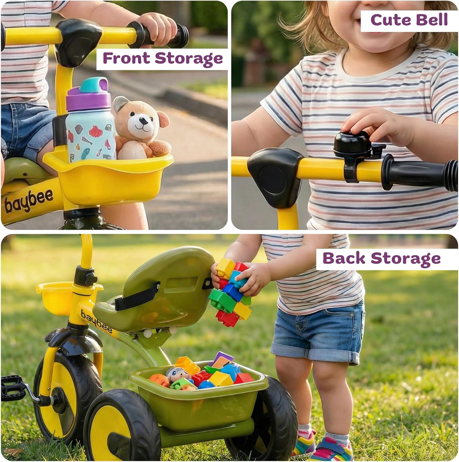 Baybee Nova Baby Tricycle for Kids | Plug & Play Kids Cycle with Safety Belt & Dual Storage Basket | Balanced Trikes with Eva Wheels & Bell | Baby Cycle 2 to 5 Years Boys Girls (Green/Yellow)