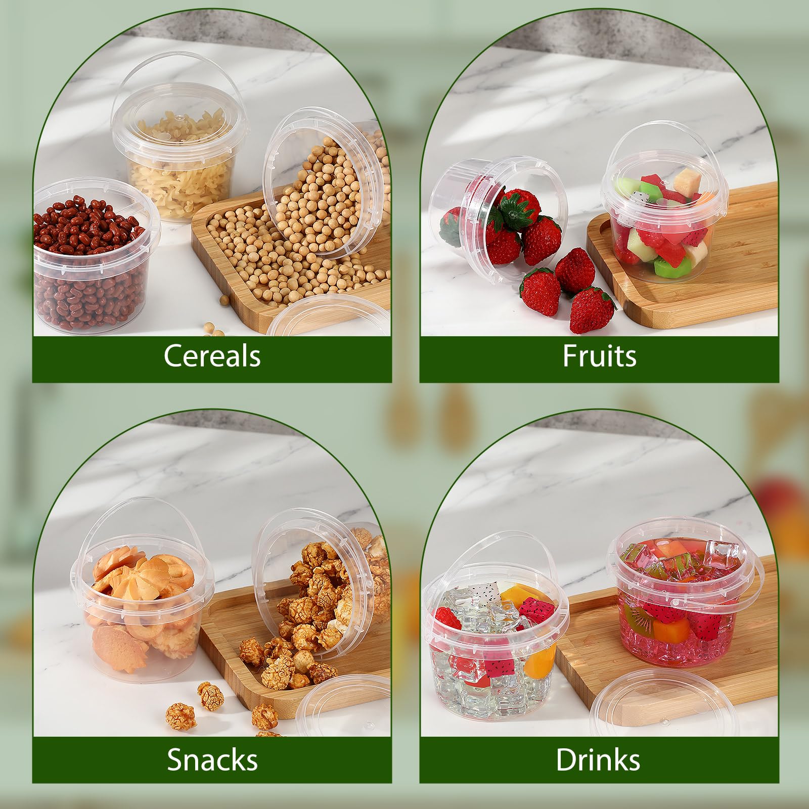 Mifoci 50 cubos de plástico transparente para alimentos, redondos, reutilizables, con tapas y asas, herméticos, de plástico transparente, congelador, cubo reutilizable para cocina, bebidas y hogar (8