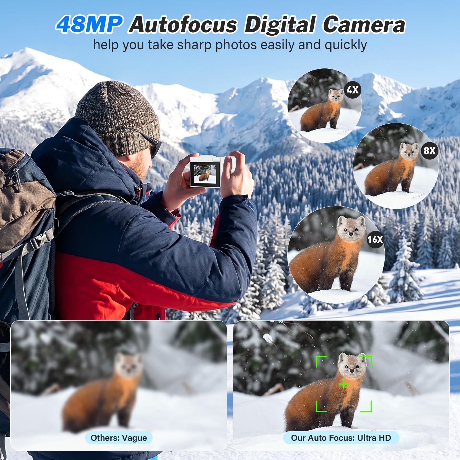4K Macchina Fotografica 48MP Autofocus Fotocamera Digitale Compatta 2.8'' Schermo Flip 180° con Zoom 16X Vlogging Camera con 32G Scheda per Adolescenti Principianti Adulti (Nero) (Bianco)