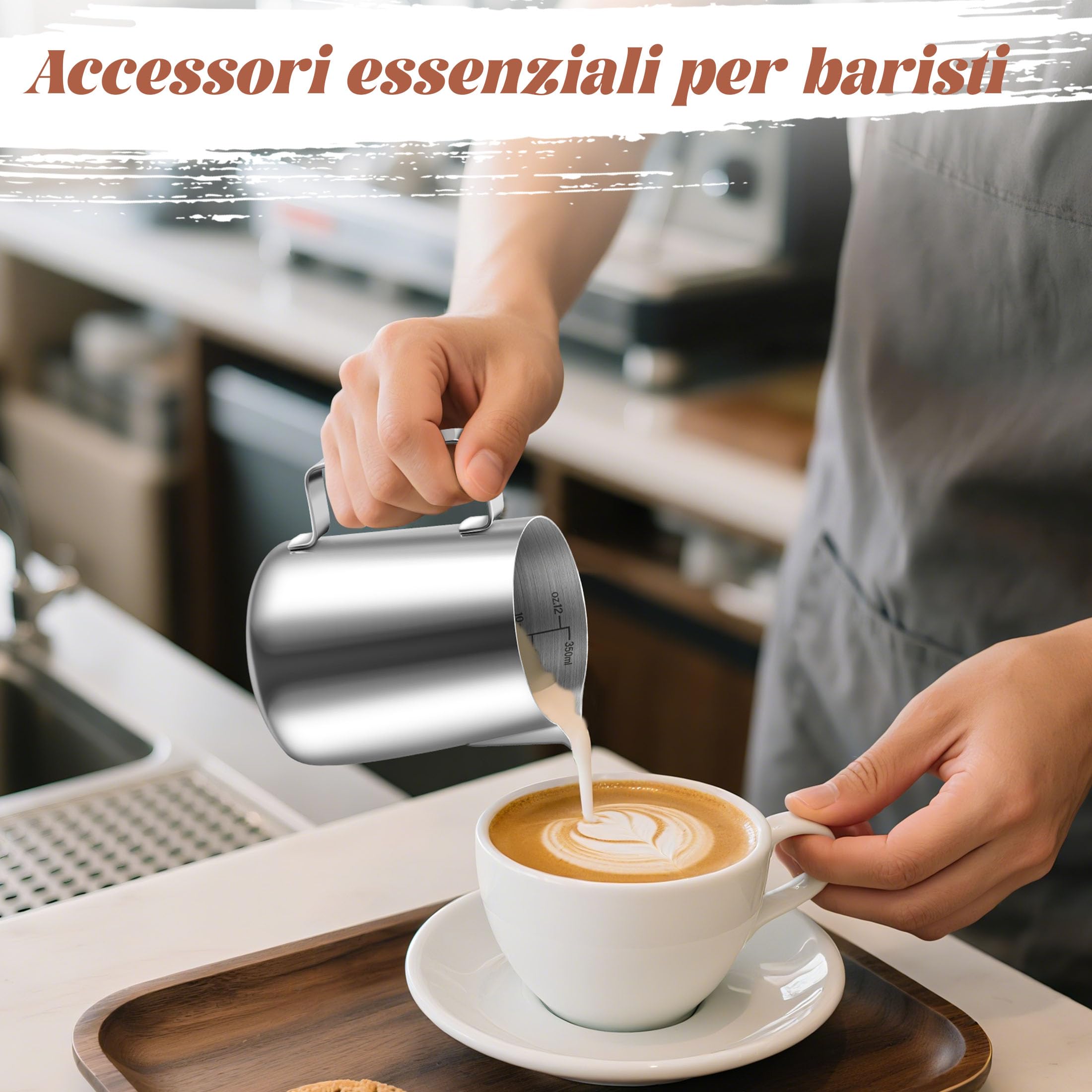 Dzbanek na mleko, 350 ml, ze stali nierdzewnej, z miarką, akcesoria barista, dzbanek na mleko do cappuccino, espresso, Latte Art, miłośników kawy, srebrny, 350 ml
