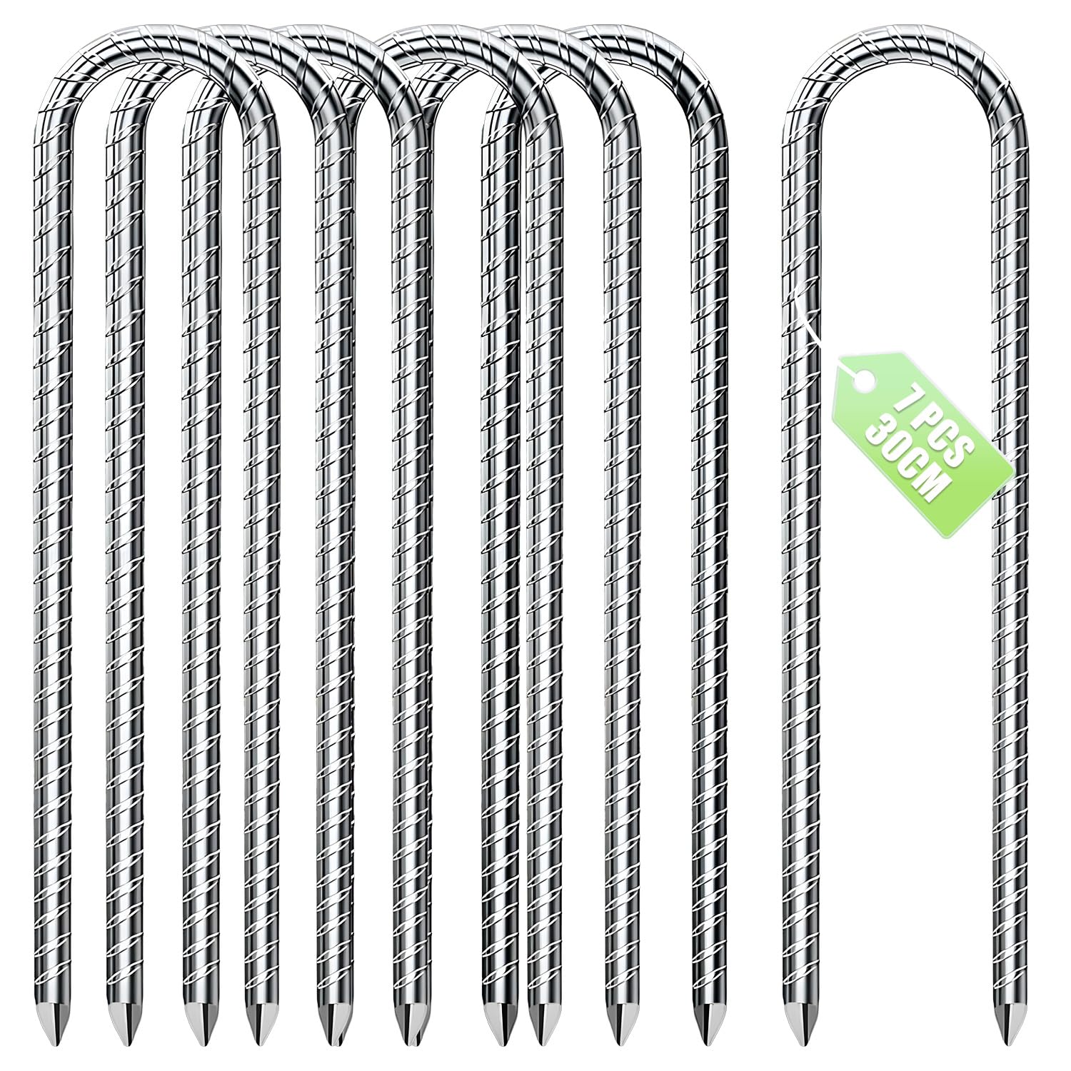 Confezione da 7 picchetti per tenda in metallo resistente, 30,5 cm, in acciaio zincato a forma di U, picchetti di ancoraggio a terra per campeggio all'aperto, trampolino, rete da calcio