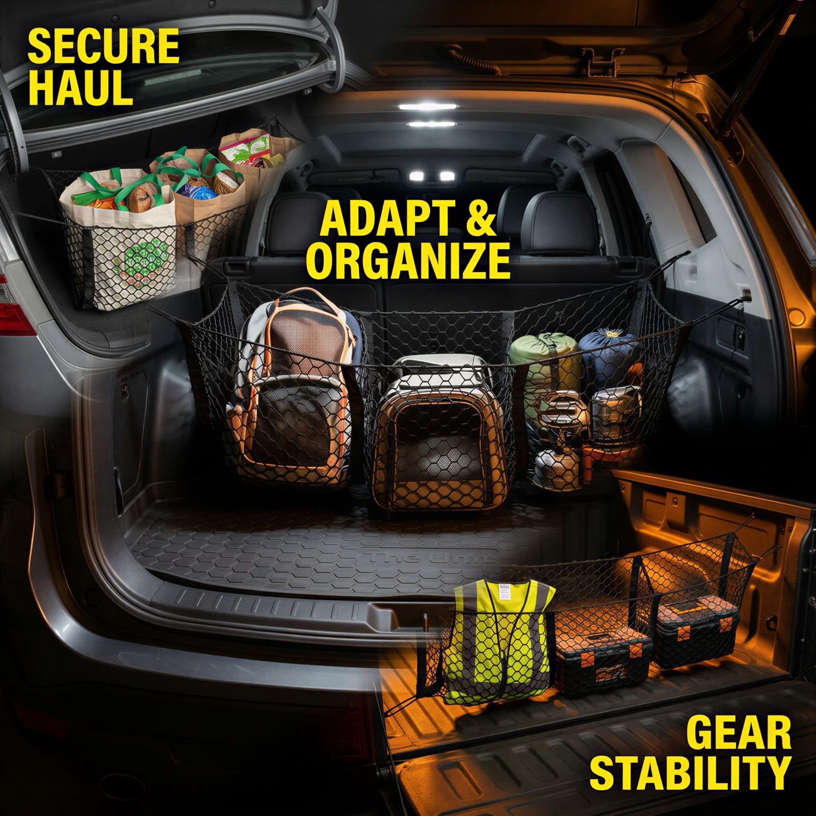 Generisch Kofferraumnetz für Auto, 43 x 12 in, dehnbarer 3-Taschen-Netz-Organizer, schwarzes Mesh-Aufbewahrungsnetz mit Montageset für Pickup, Kofferraum und Ladefläche, für Einkäufe und Zubehör