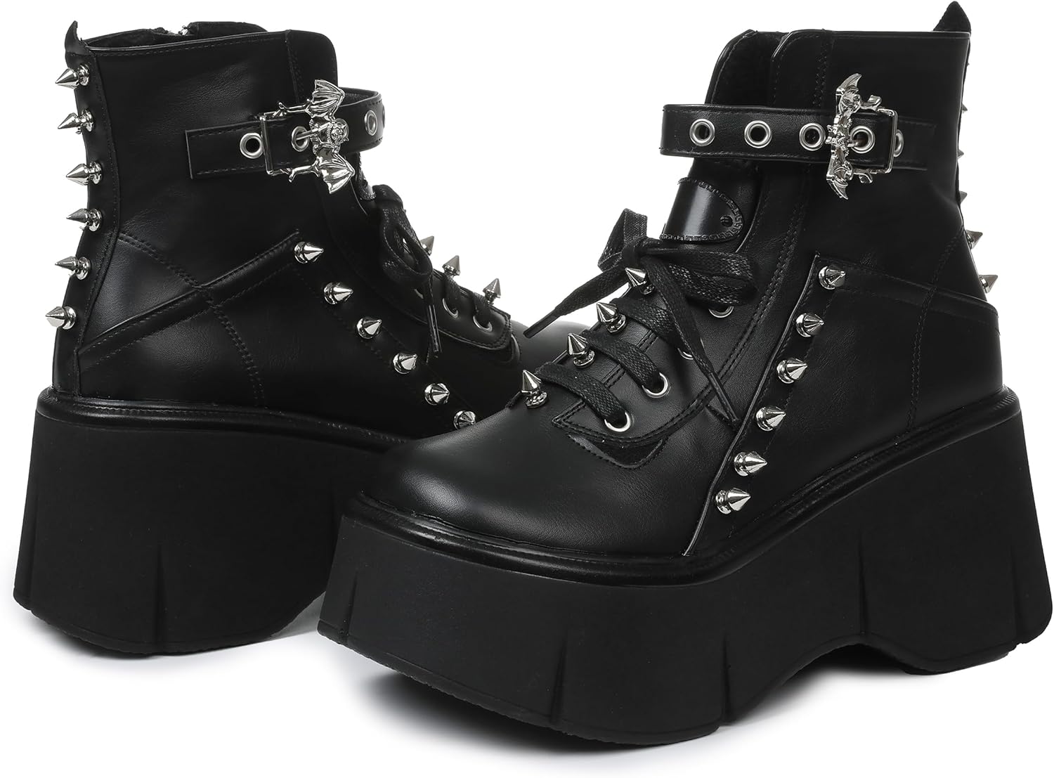 Women Black Platform Boots Wedge Goth Round Toe Lace Up Chunky Heel Studded Combat Zip Buckle Ankle Shoes - Image 3