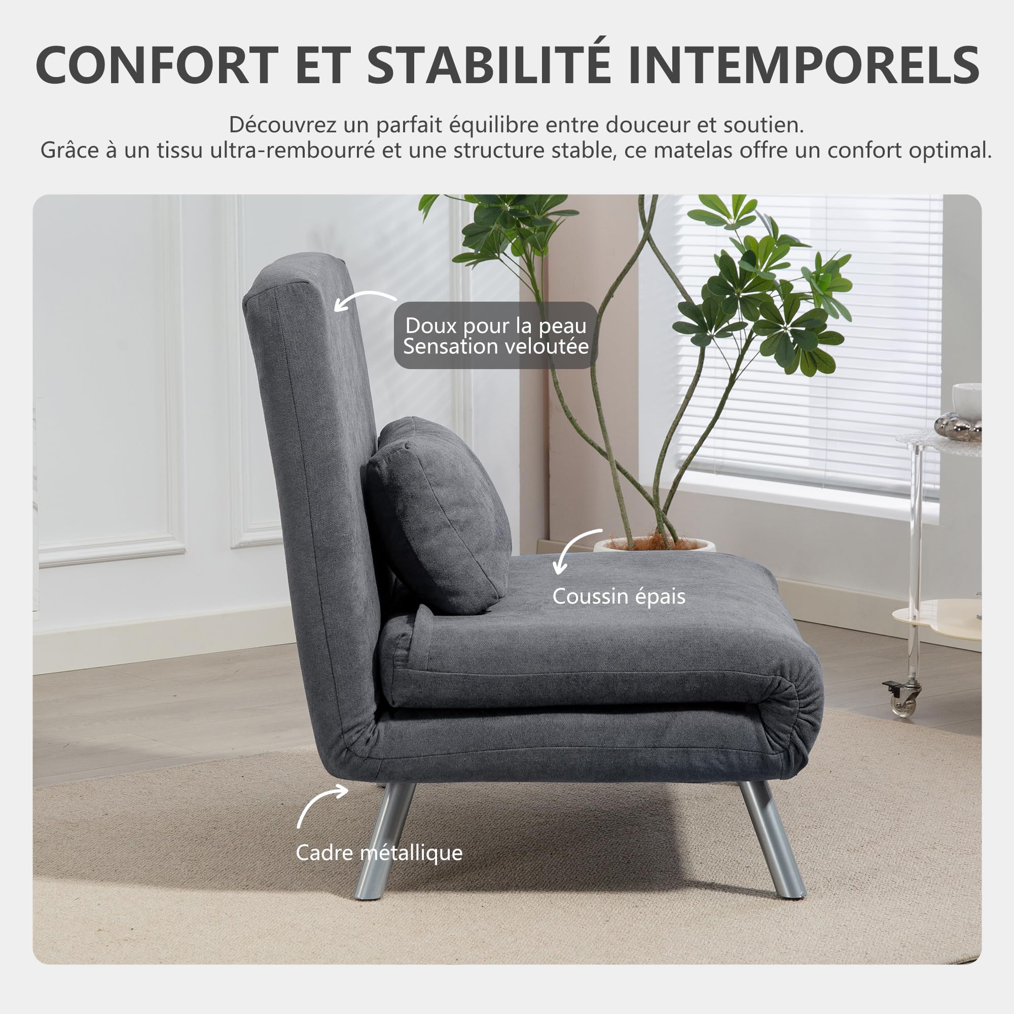 HOMCOM Fauteuil Convertible 1 Place, Fauteuil-lit clic-clac, chauffeuse 3 en 1 avec Dossier réglable, Oreiller, Assise Large, canapé-lit rembourré en Flanelle Neige pour invités, Salon, Bureau, Gris