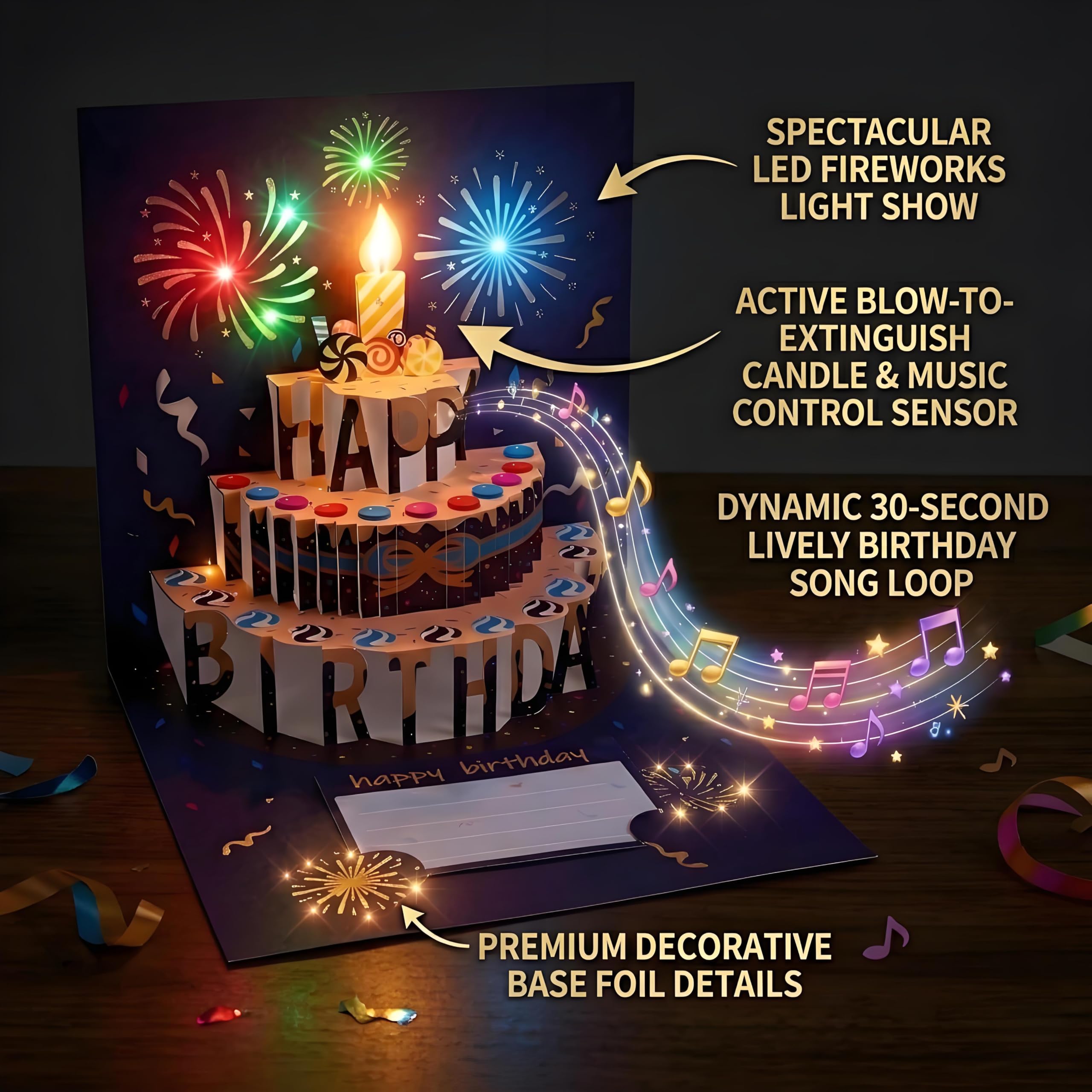 Tarjetas de cumpleaños con diseño de fuegos artificiales, luces, música y sonido de fuegos artificiales en 3D, tarjetas de cumpleaños emergentes con sobre y etiqueta para notas, luz y música soplables