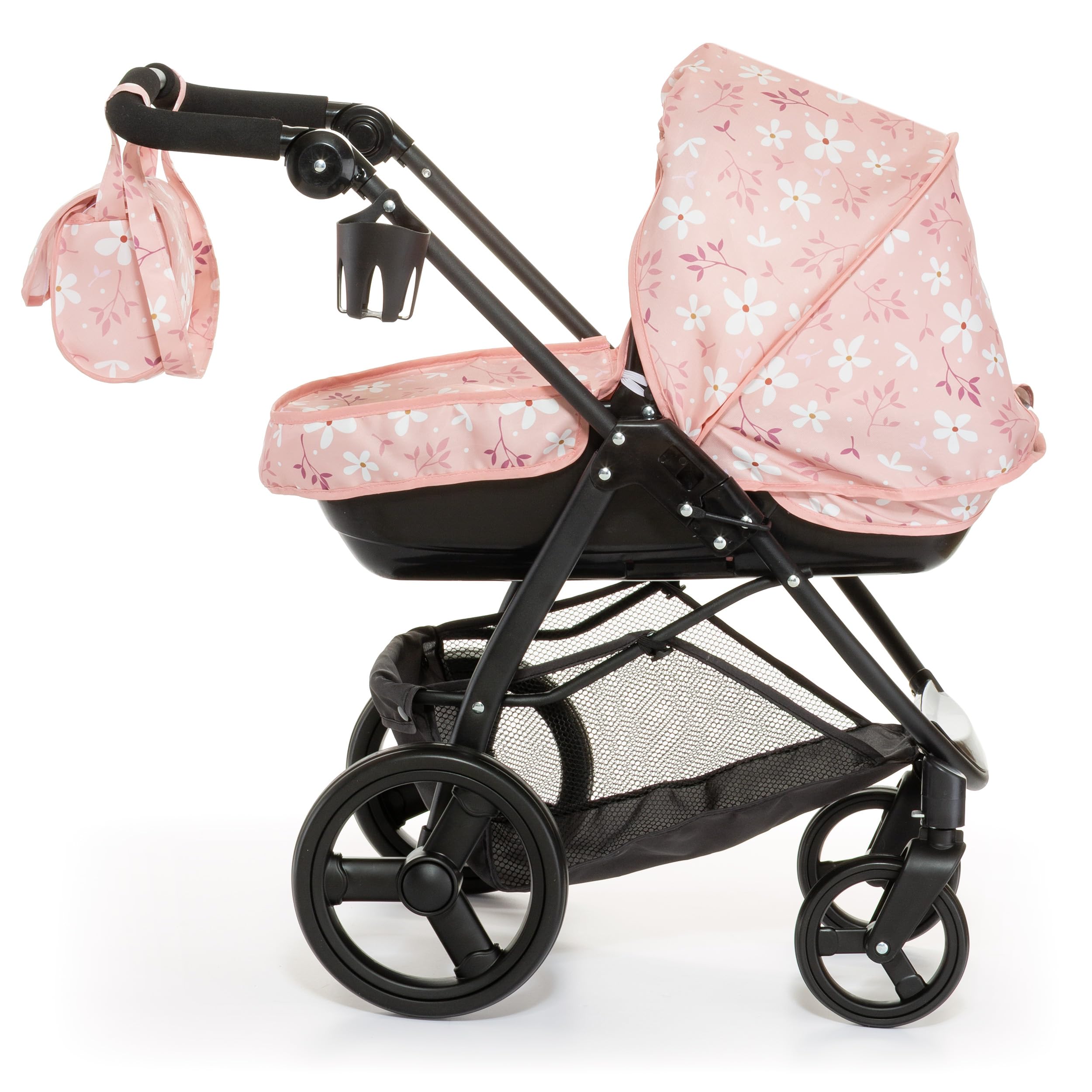 MOLTO – 2-in-1-Puppenwagen Bella mit Abnehmbarer Babywanne und verstellbarem Schiebegriff, Spielzeugwagen mit Verdeck, Wickeltasche und Korb, für Puppen bis 53 cm, ab 3 Jahren