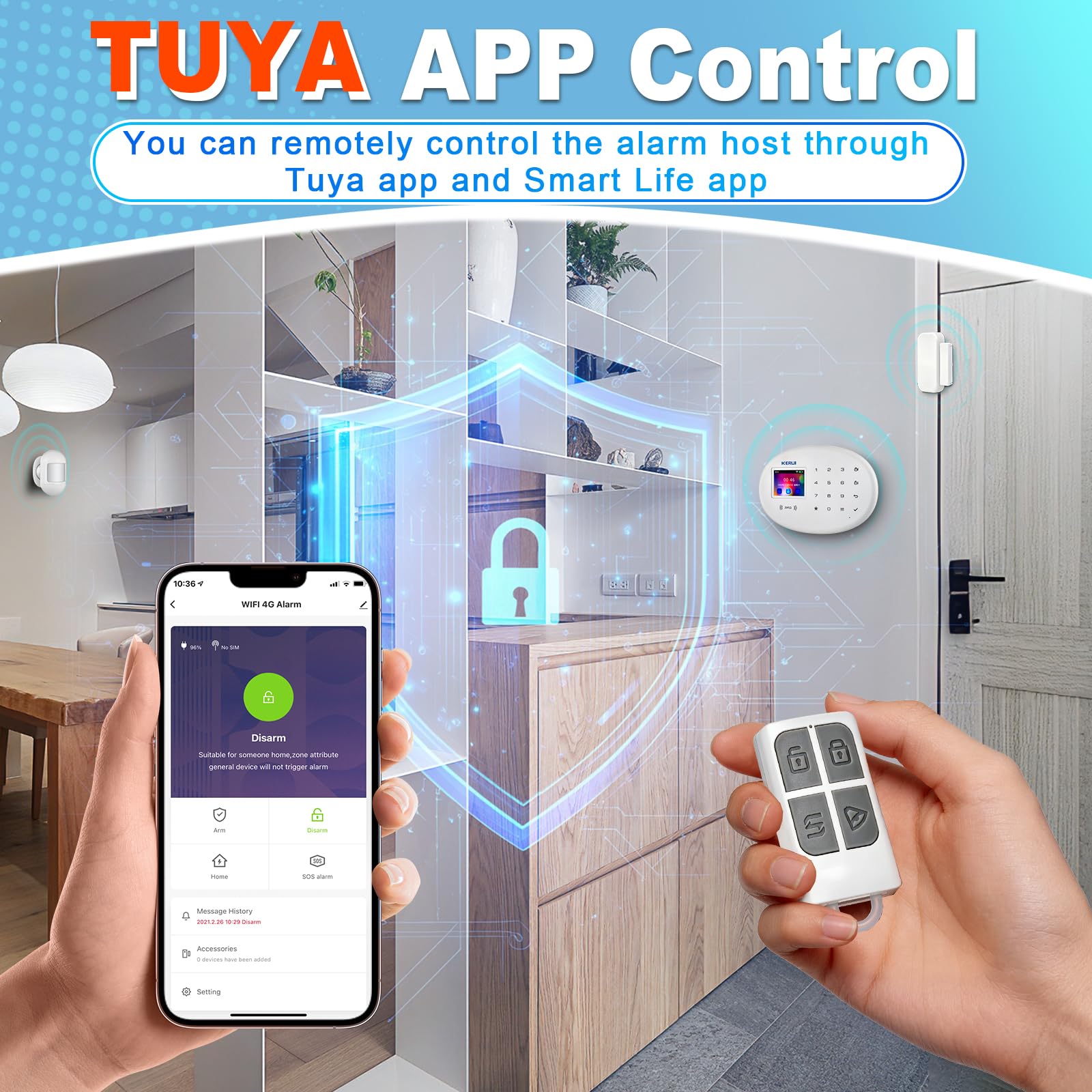 TOWODE W204 Système d'alarme de maison sans fil – Batterie et alimentation secteur double alimentation avec capteurs de mouvement, capteurs de porte et télécommandes radio pour appartements et maisons