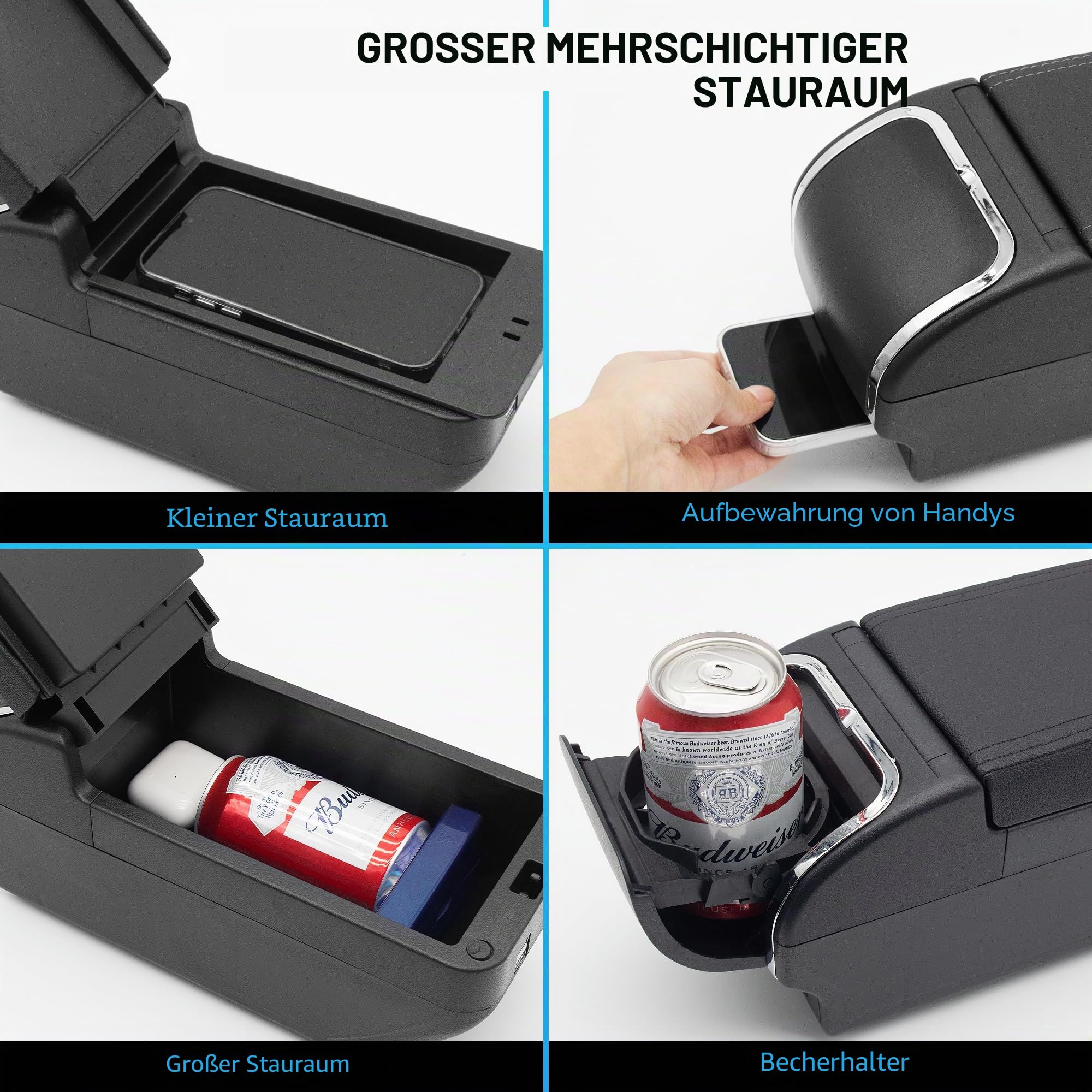 Auto Armlehne für Renault Dacia Duster I 2010-2015 Doppelschicht Mittelkonsole Große Aufbewahrungsbox mit Becherhalter Zubehör Schwarz