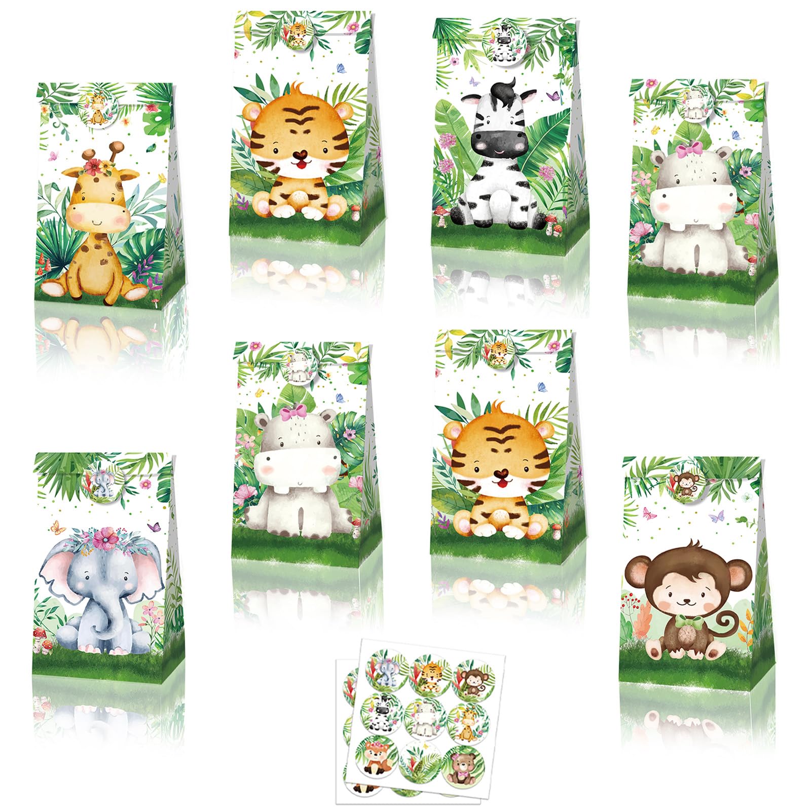 MORAINJAY 12 Pcs Jungle Animal Party Bags, Zoo Animals Paper Goodie Bags for Kids Birthday, Safari Theme Party Favour, Gift Treat Bags, Boys and Girls Party Supplies (18 Stickers) — image 1