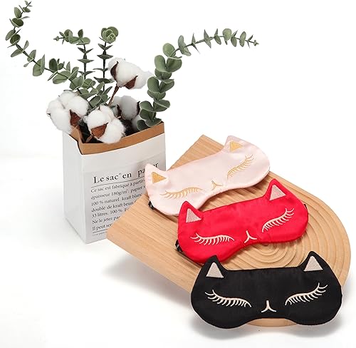 Miniatura 5 de Drizzle Máscara de ojo de gato de seda natural para dormir, linda y suave cubierta de ojos para dormir (2 unidades, rojo)