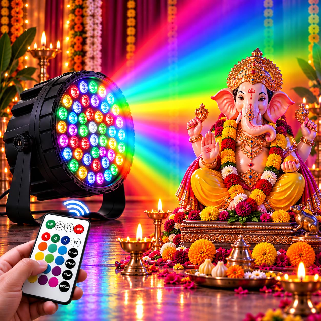 decoration focus light 36 watts 36 led lights | 7 in 1 multicolour | spot/torch light | black body | for home decor, ganpati, diwali, christmas, birthday, disco dj party (for wall or ceiling mount)