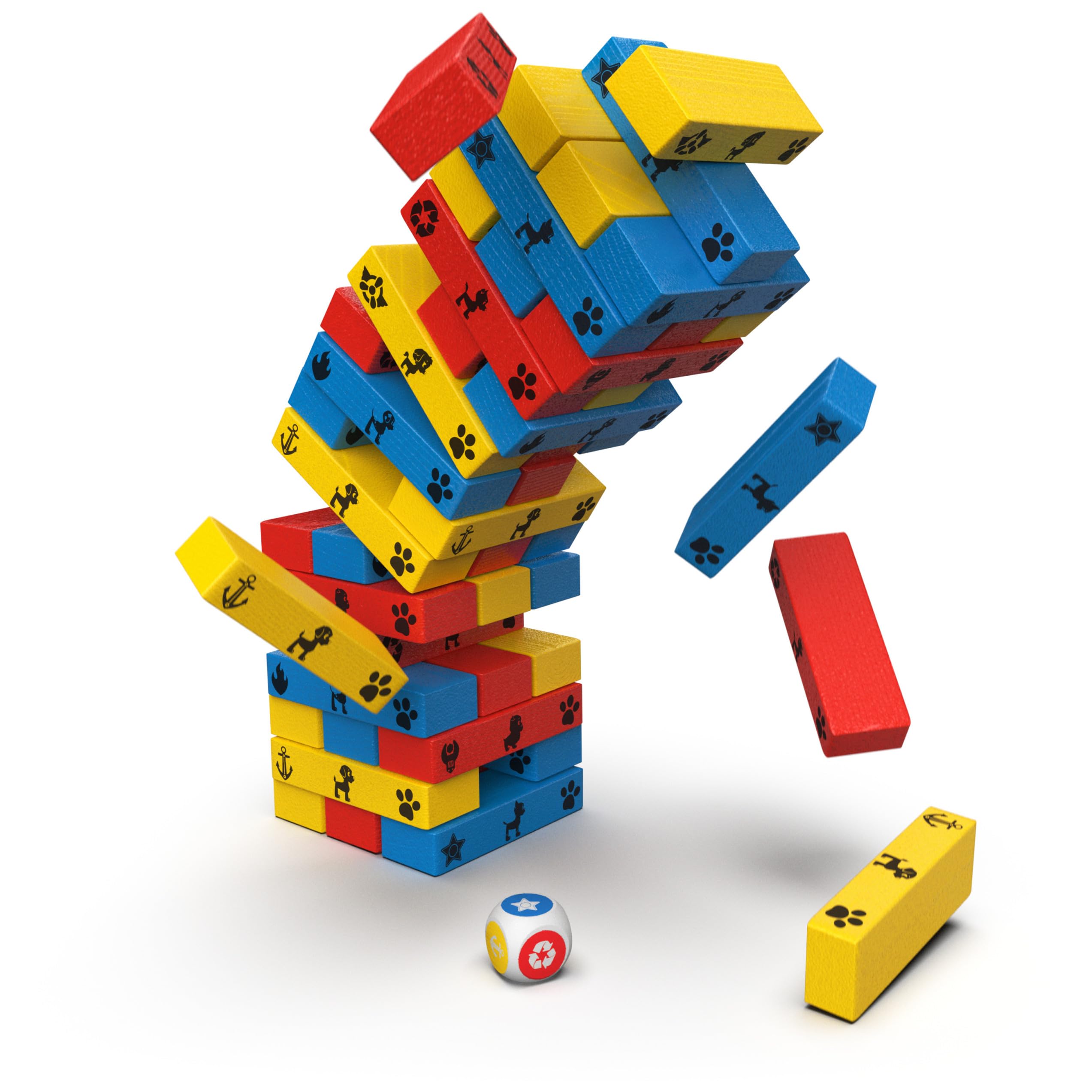 PAW Patrol Jumbling Tower by Spin Master Games, kolorowa gra drewniana Stacking Building Toppling dla dzieci PAW Patrol Toys, dla przedszkolaków w wieku 4 lat i starszych | Wieża budowlana - 48 elementów z drewna i kości - zestaw do budowania - dla 2 grac