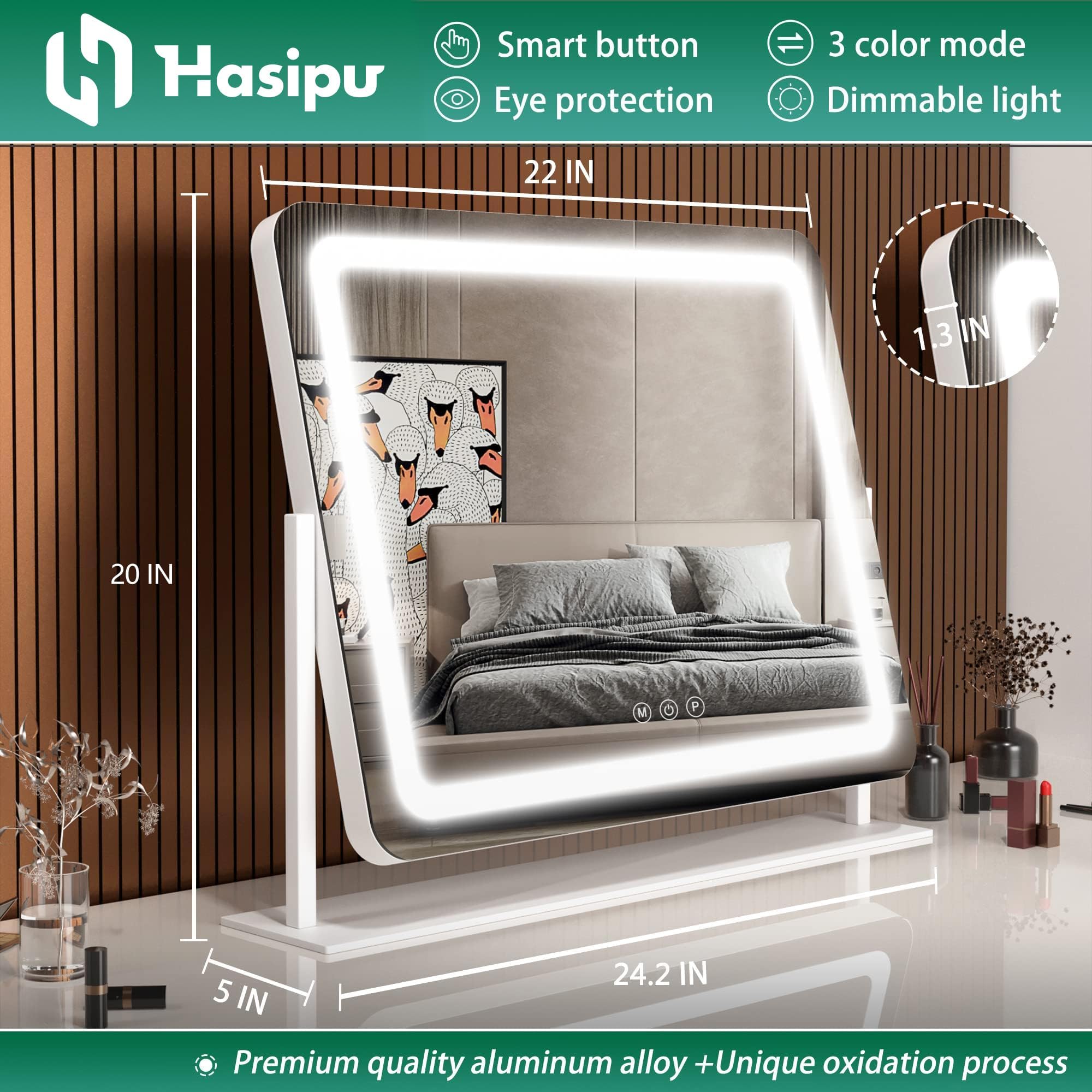 Hasipu Schminkspiegel mit Beleuchtung 55 x 45 cm, LED Kosmetikspiegel 10x Vergrößerung, 3 Farbtemperaturen, Touch Control Tischspiegel, 360° Drehung, Spiegel für Make-up Weiß