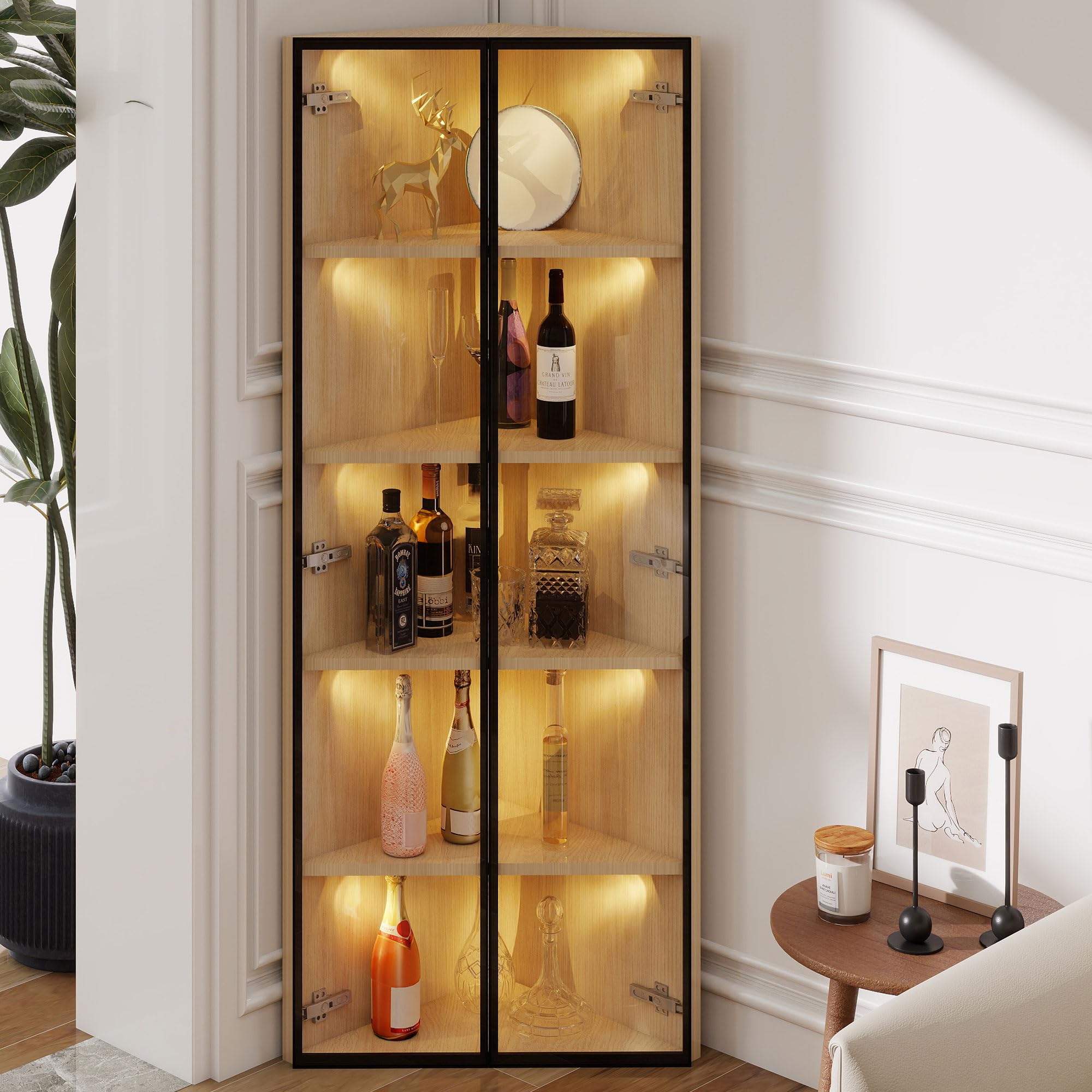 Soweiz Vitrina esquinera con puerta – Estantería para libros, armario de vino, armario de baño, vitrina de cristal LED, 62 x 35 x 160 cm, barra de luz integrada, armario de cristal templado a prueba