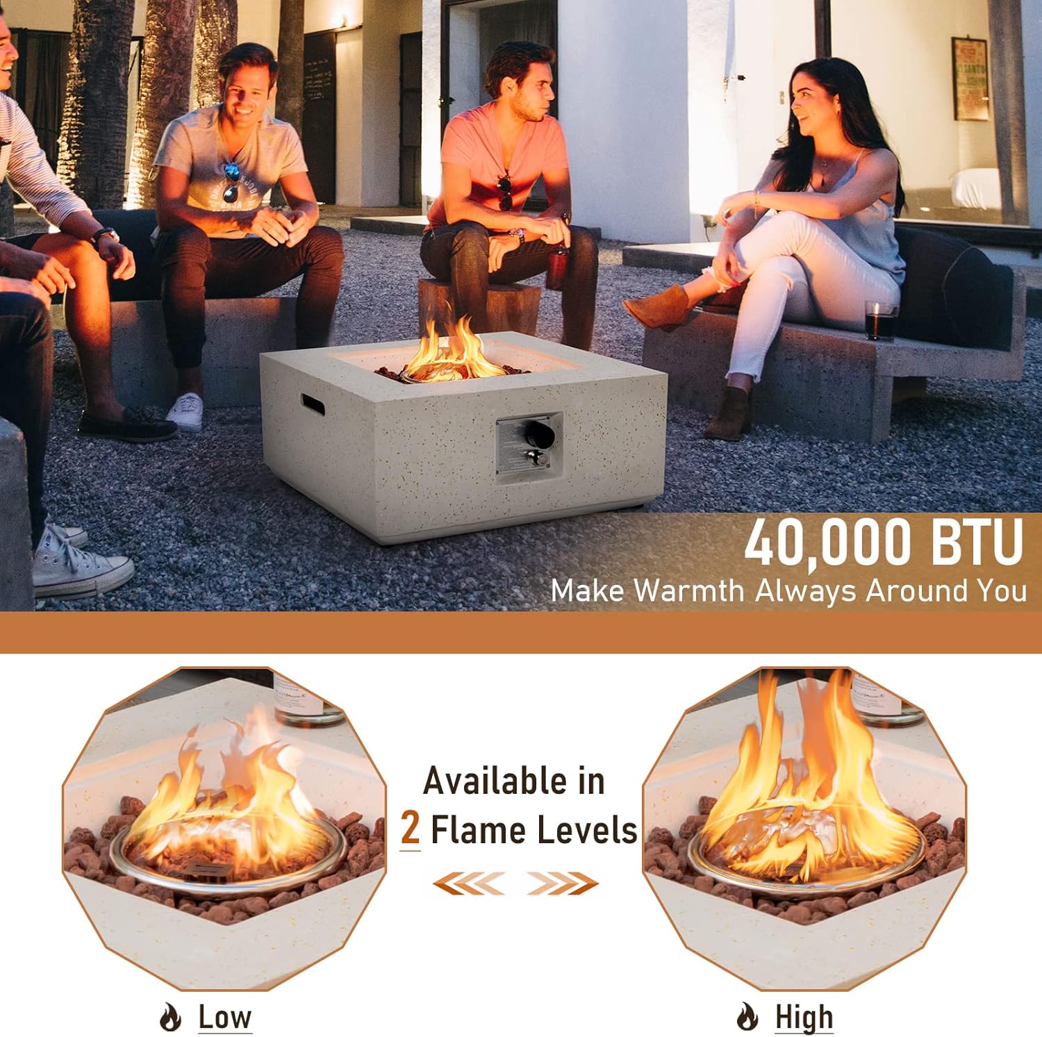 Tangkula 28 Inches Propane Fire Pit Table, Patiojoy 40,000 BTU Square Fire Table with Lava Rocks, Simple Ignition System and Waterproof Cover, Outdoor Terrazzo Gas Fire Pit