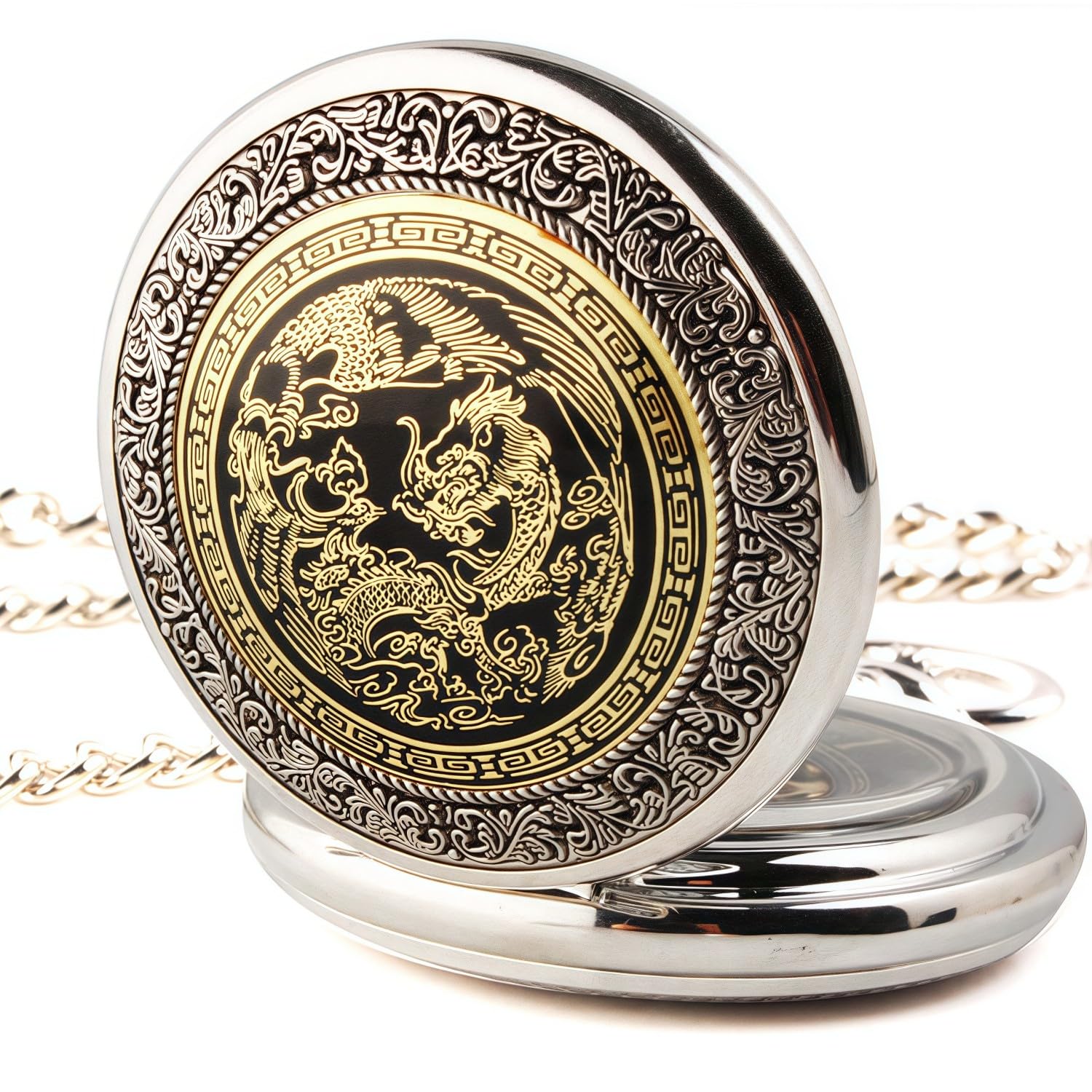 DerMacht Silver Mechanical Pocket Watch with Chain Retro Smooth Classic Handwind Roman Numerals for Men & Women