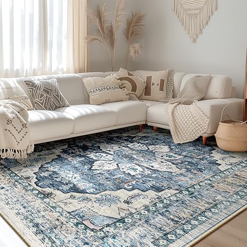 BESTSWEETIE Blue Vintage Area Rug, 8x10, Chenille, Machine Made, Washable, Indoor, Floral Pattern, Living Room