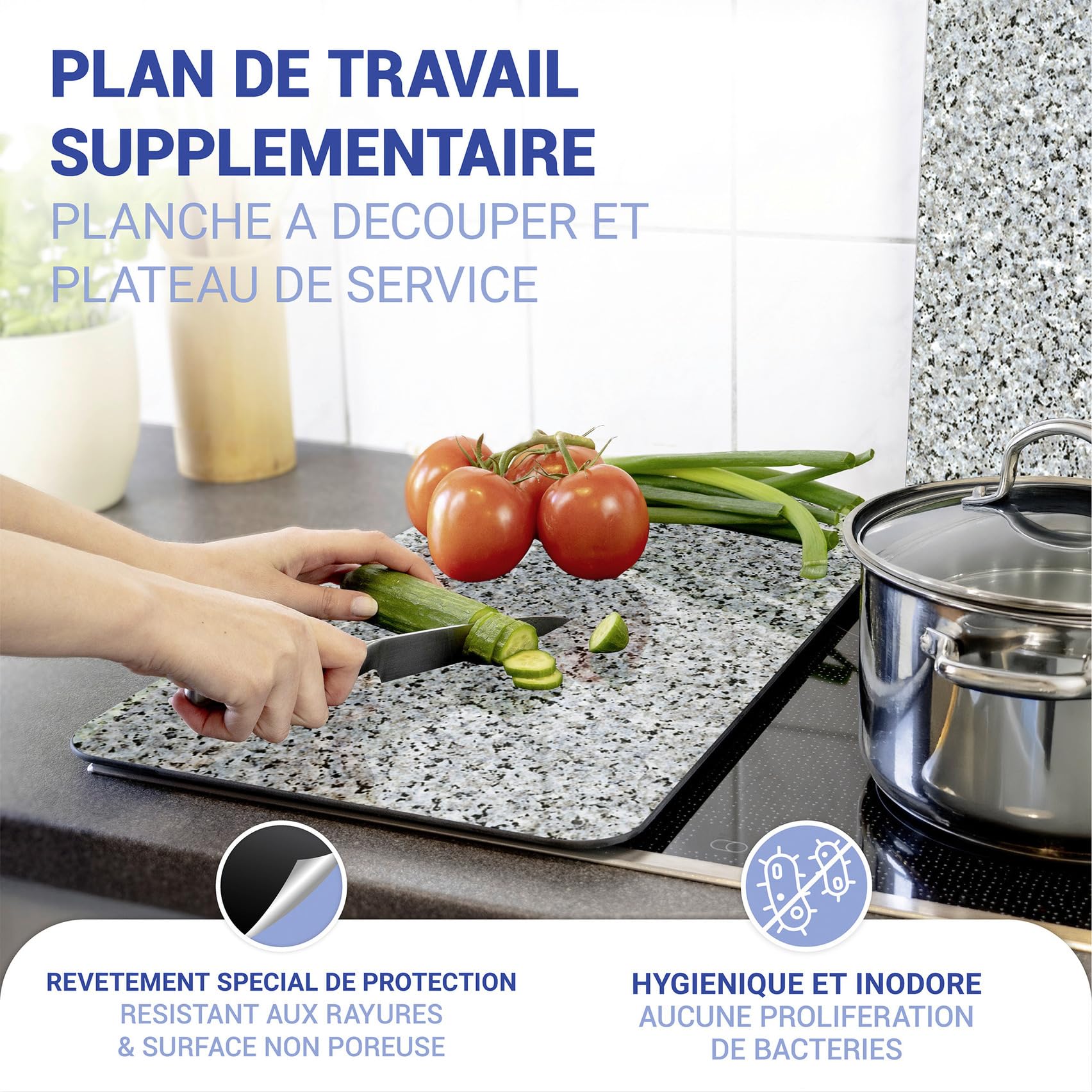 WENKO Plaque de Recouvrement Universelle Mod. Granit, réglable en hauteur pour tout type de cuisinière, planche à découper et protection anti-éclaboussures, verre, 30 x 52 cm, 2 pièces