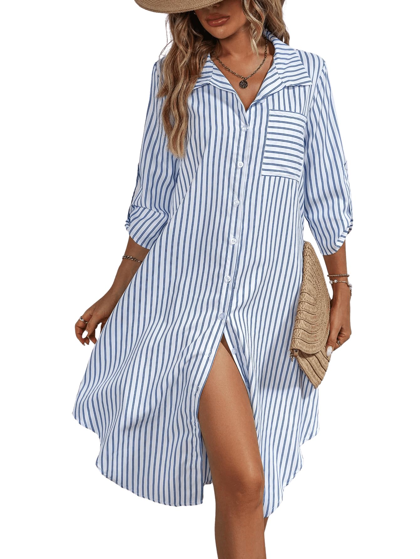 MakeMeChicWomen's Striped Print Button Front Half Sleeve Collar Midi Shirt Dress