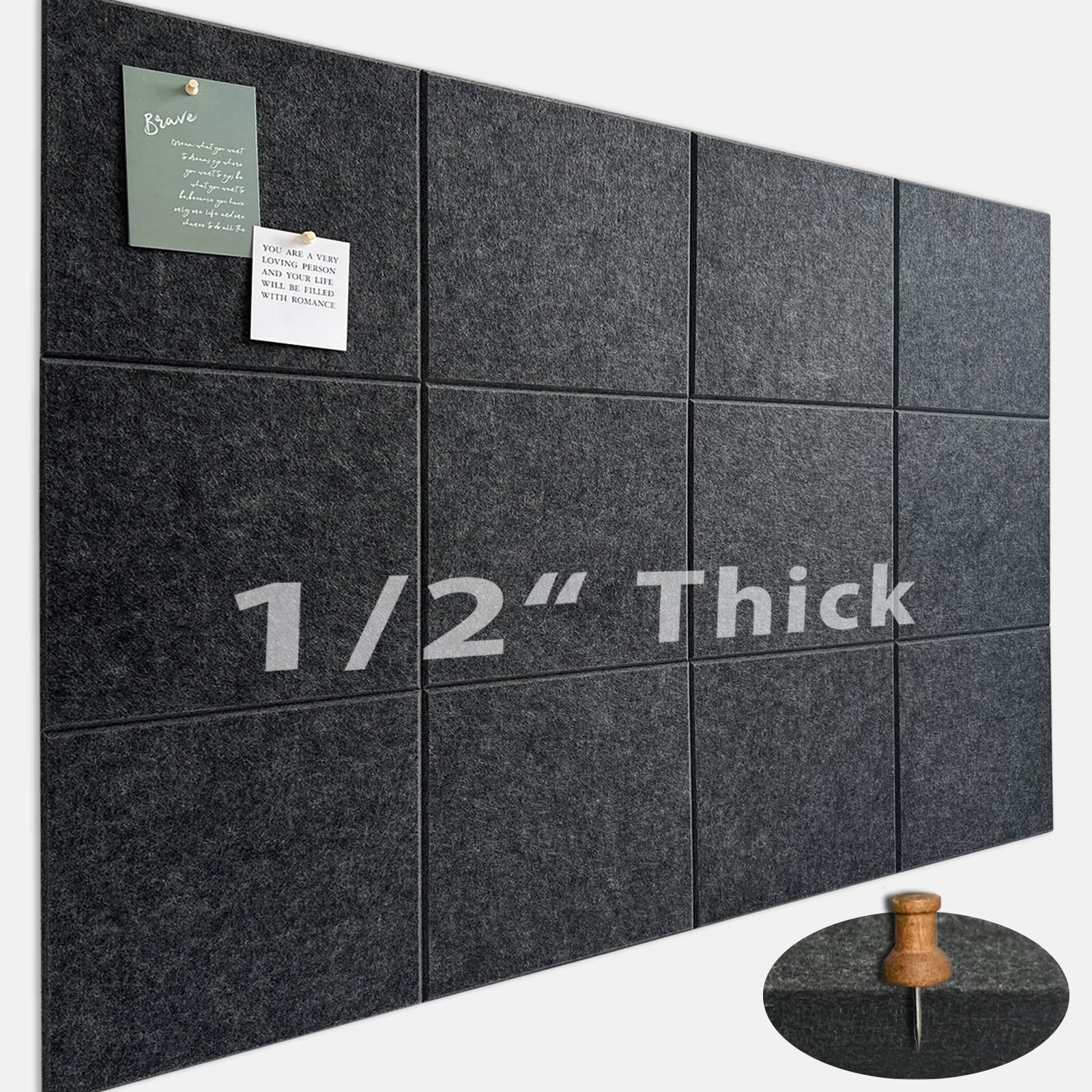 Large Cork Board for Office Wall Decor,48"x36"-12 Pack Felt Wall Tiles with Safe Removable Adhesive Tabs, 1/2" Thick, Felt Bulletin Board Pin Board