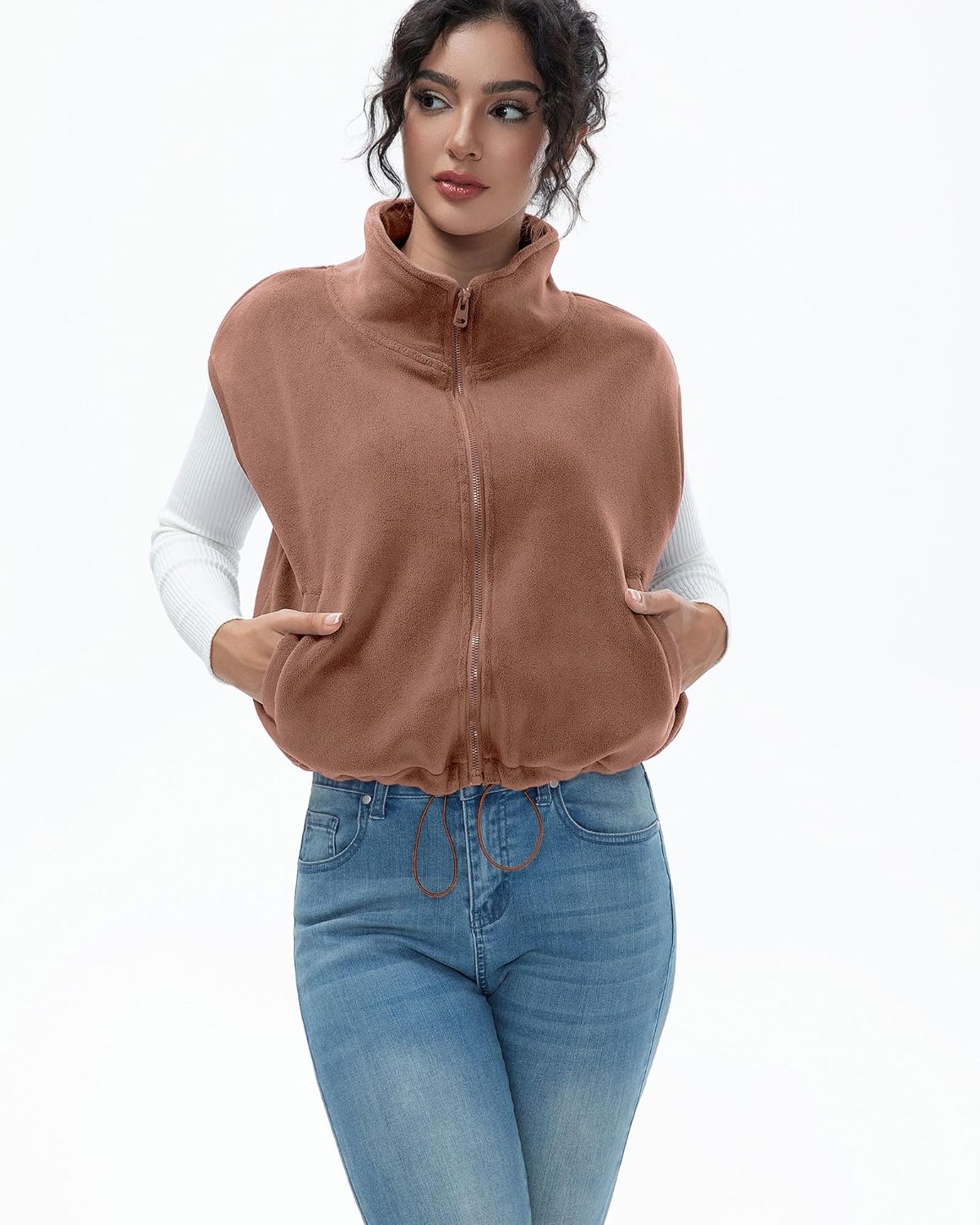 Women's Full Zip Fleece Short Vest Warm Winter Sleeveless Stand Collar Sherpa Crop Coat - Image 3