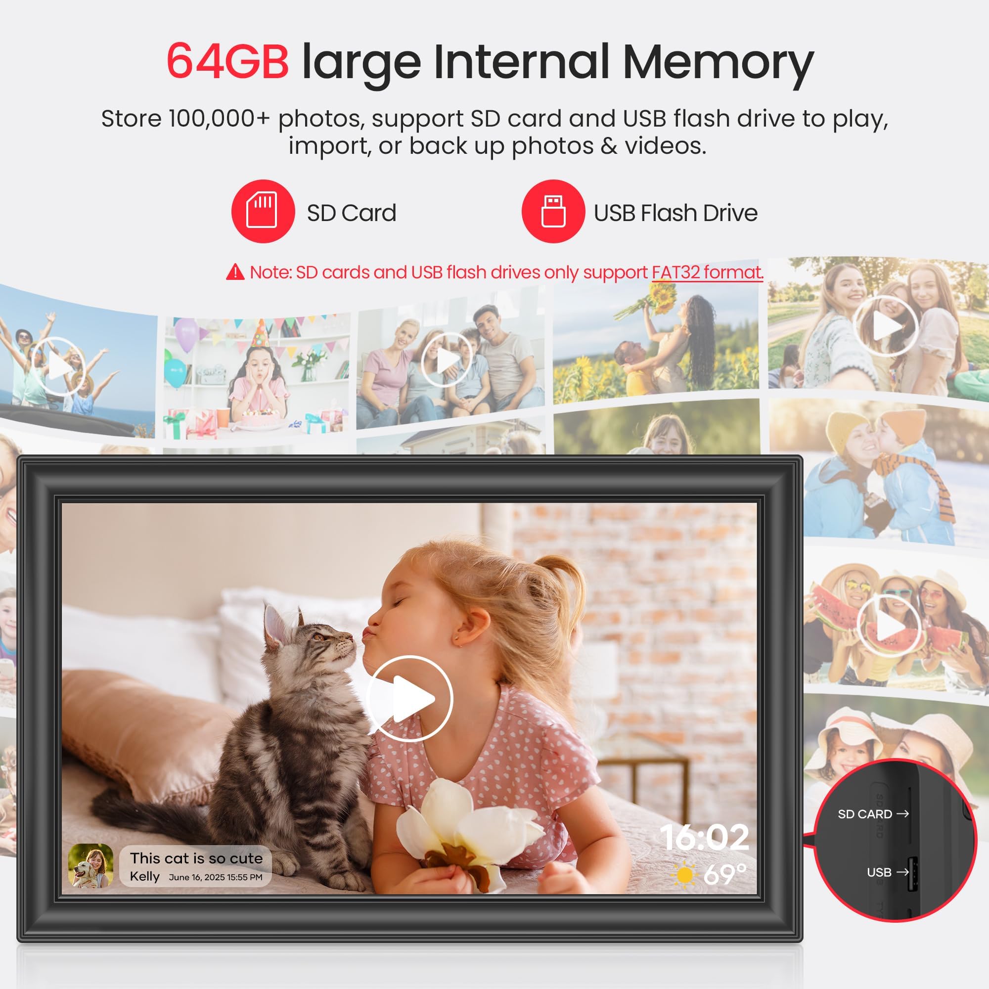 64 GB 15,6 Zoll Frameo Digitaler Bilderrahmen WiFi Schwarz - 1920 * 1080P FHD IPS Touchscreen Große elektronische Bilderrahmen, Auto Drehen, Wandmontage, Teilen von Fotos und Videos