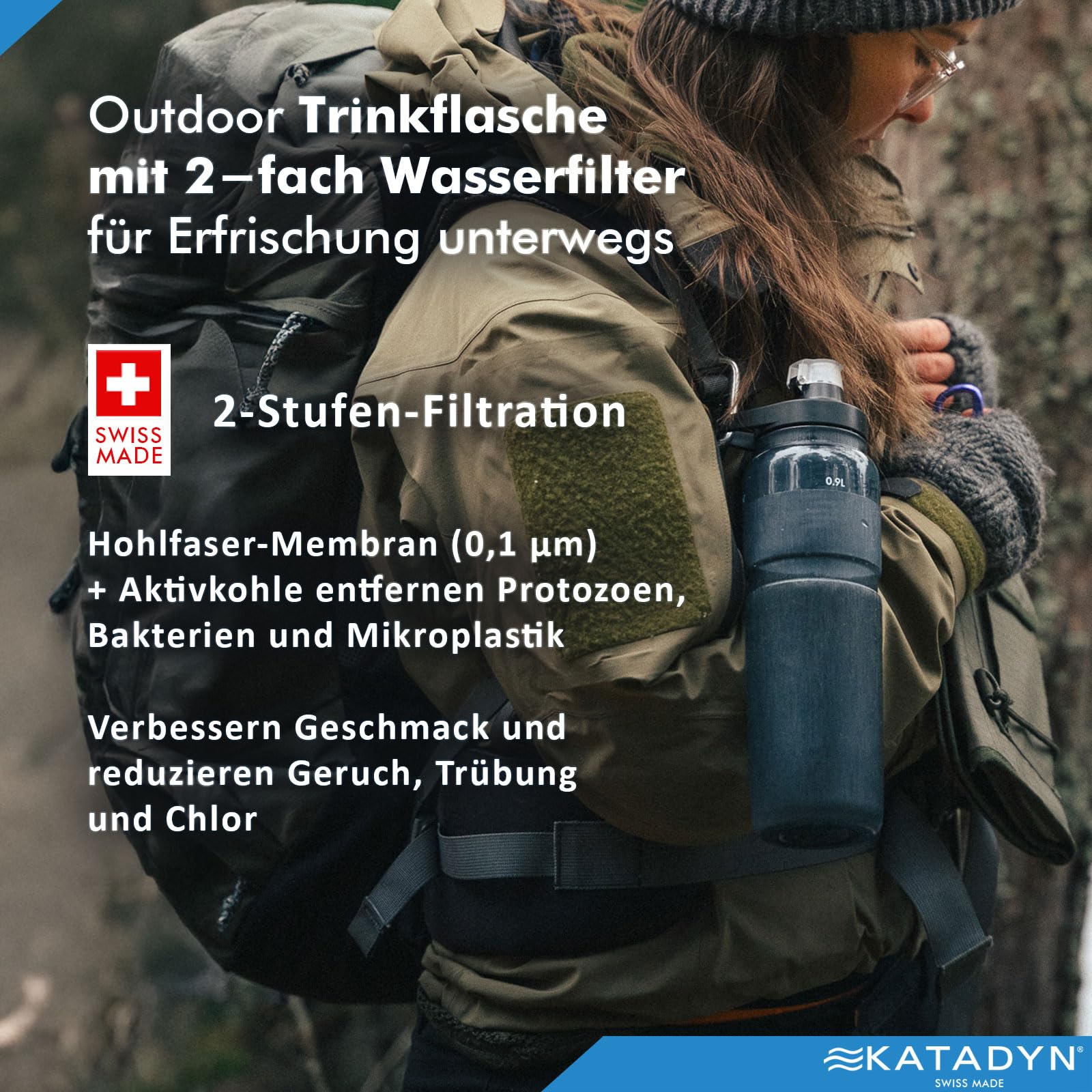 Katadyn BeFree AC Bottle 0.9L Outdoor Trinkflasche mit 2-fach Wasserfilter ultraleicht | Hohlfaser und Aktivkohle | Camping Wandern Fahrrad Trekking Reisen | BPA-frei