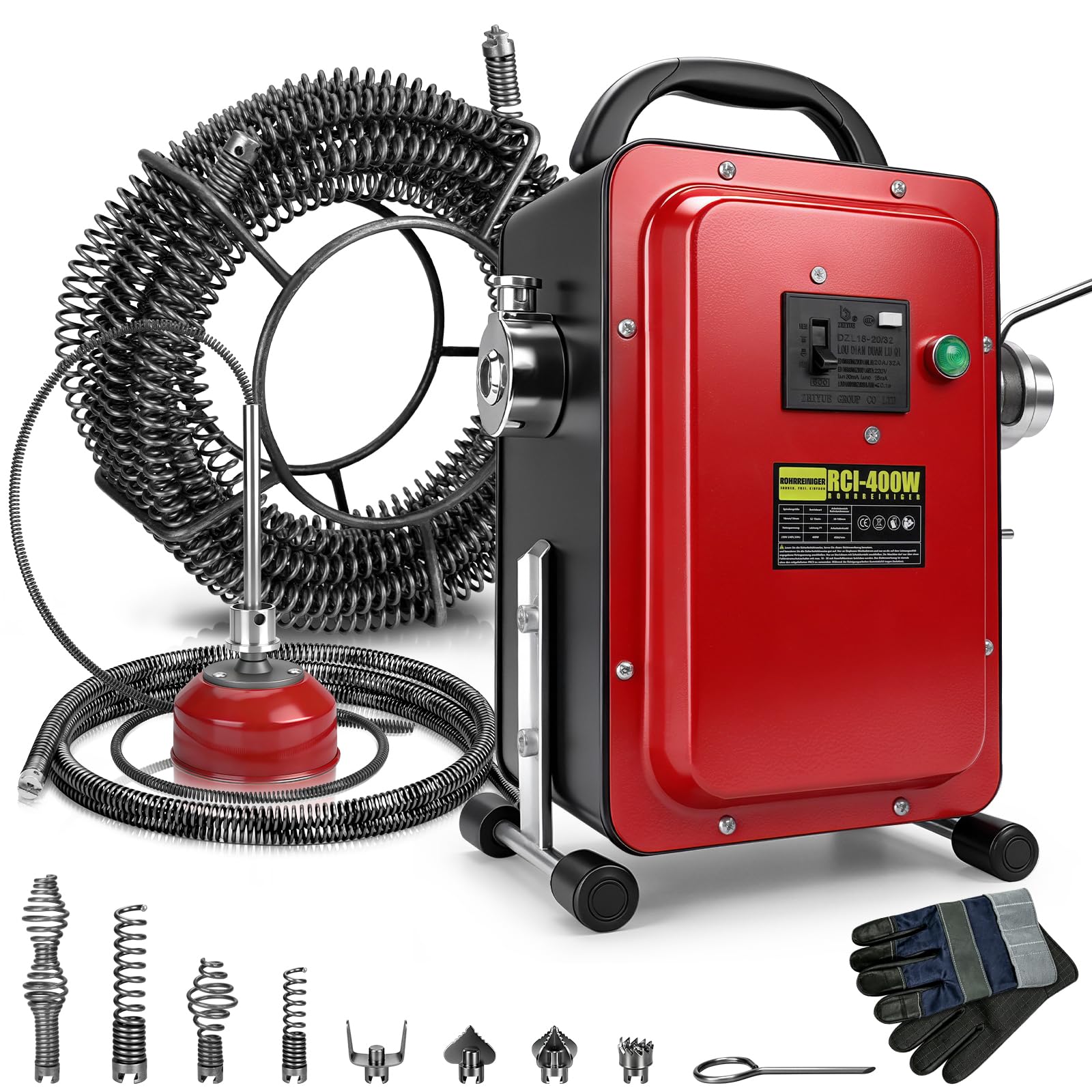 400W Elektrisch Rohrreinigungsspirale mit Spirale 16m x Ø16mm & 5m x Ø10mm | f. Ø20-100 mm Rohrleitungen, 450 U/m, Rohrreinigungsmaschine Abflussreiniger Spirale Rohrreiniger Reinigung Drain Clean,