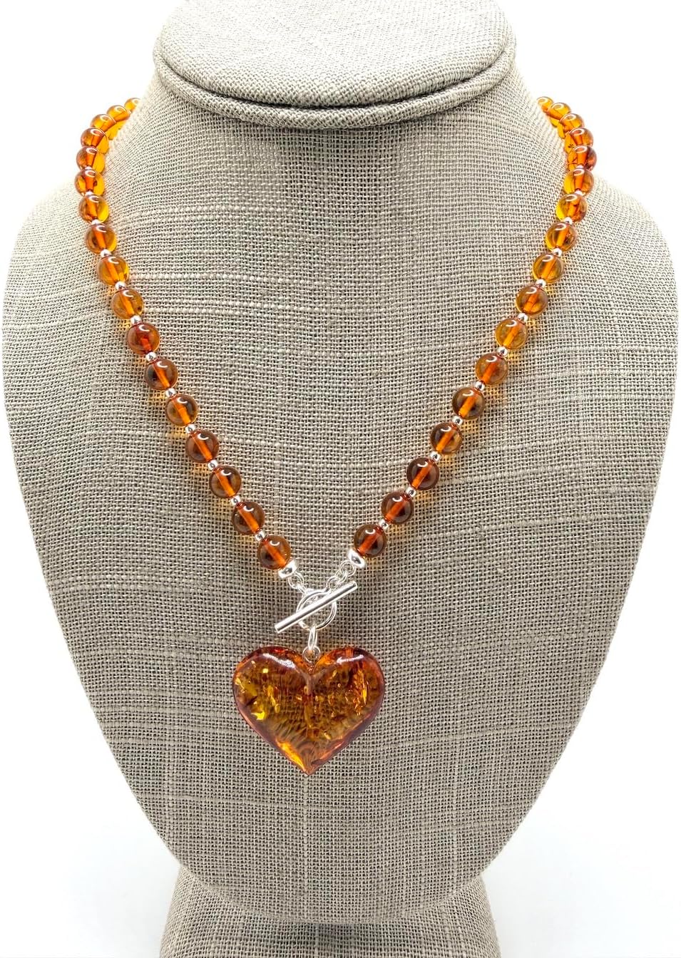 Cognac Baltic Amber Beaded Necklace – Puffy Honey Heart Pendant & Sterling Silver Toggle Closure