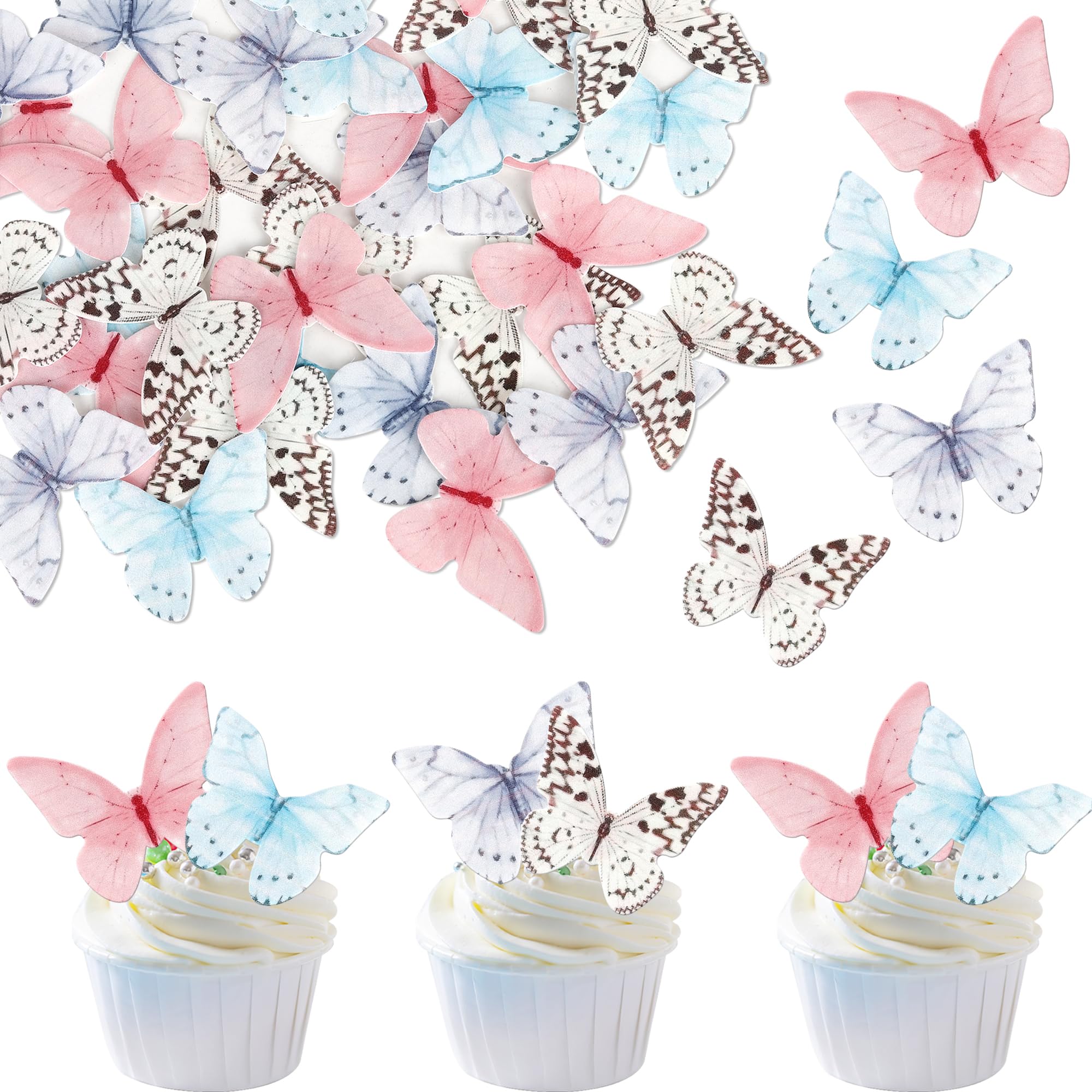 48 PCS Edible Butterfly Cupcake Toppers Colorful Wafer Paper Butterflies Cake Decorations Edible Butterfly Cupcake Picks for Butterfly Theme Baby Shower Wedding Birthday Party Decorations Supplies