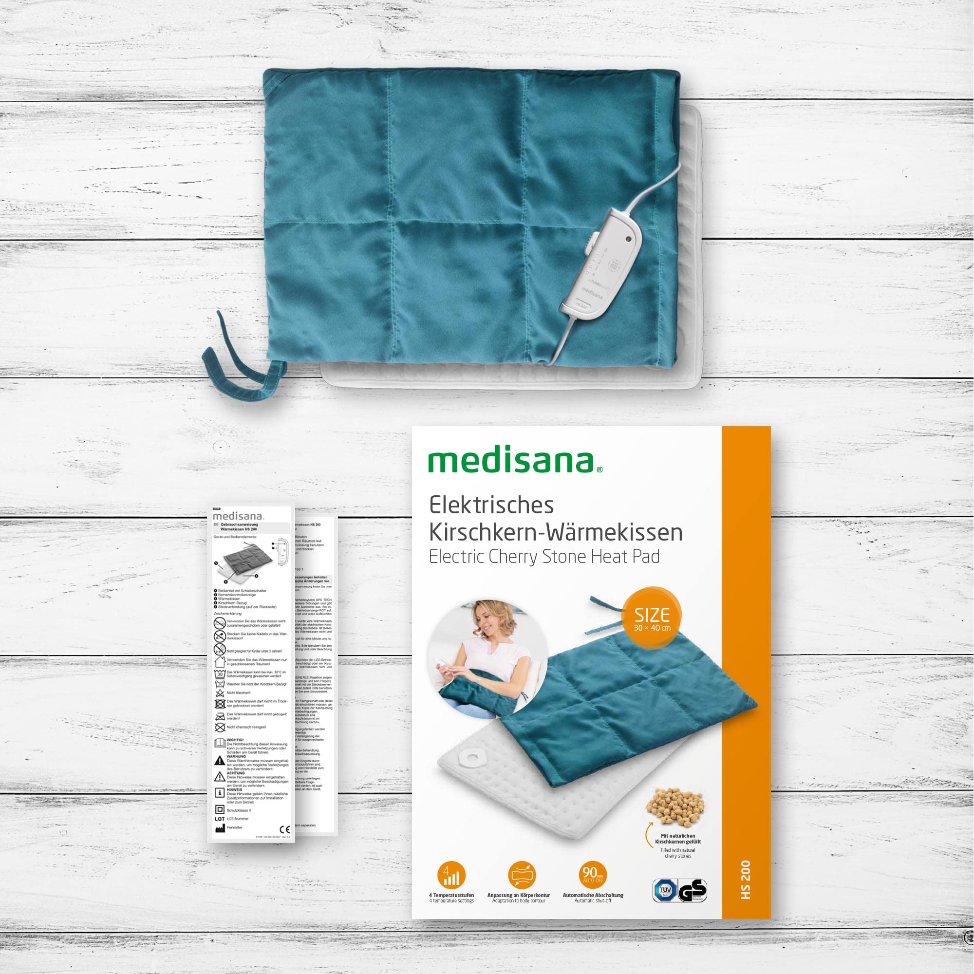 medisana HS 200 cuscino elettrico in pietra di ciliegio con 4 impostazioni di temperatura e spegnimento automatico per alleviare la tensione e il dolore, copertura in cotone 100%