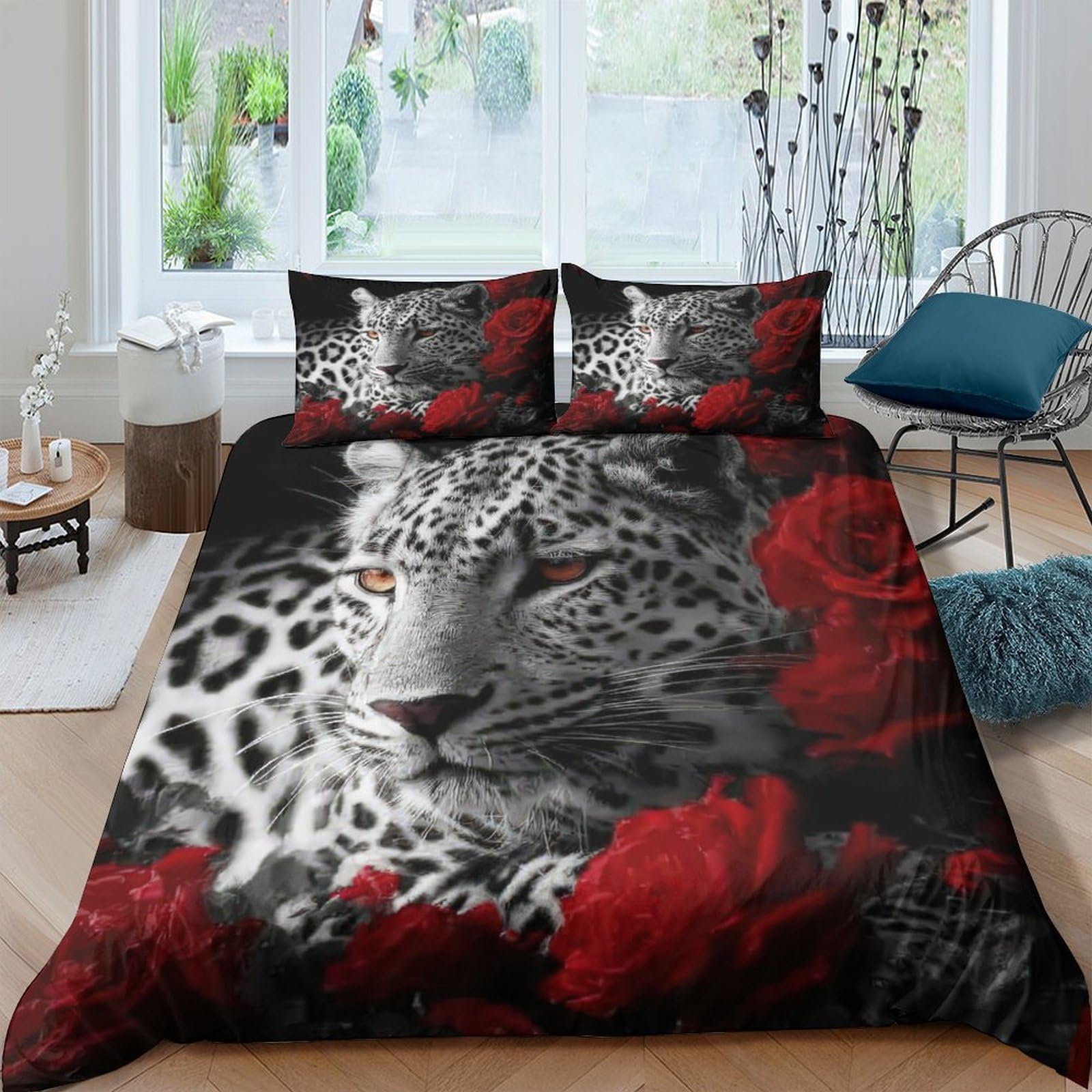 P5V6M1Q9 3D Printed Leopard Red Rose Duvet Cover Microfiber Soft Breathable Bedding Set with 2 Pillowcases for Bedroom Decor Single（135x200cm）