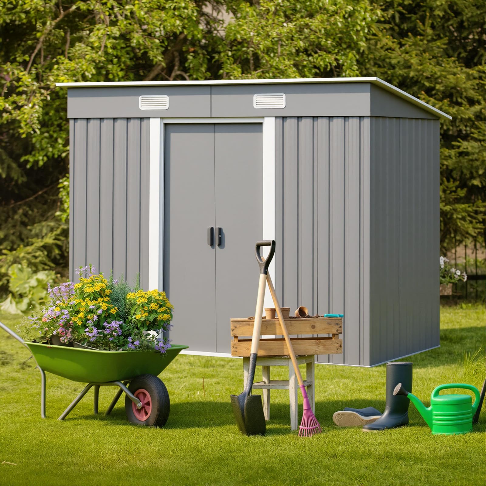 Panana Two Door Metal Garden Shed Tool Storage Sheds Lockable Green/Grey Color (8ft x 4ft Grey)